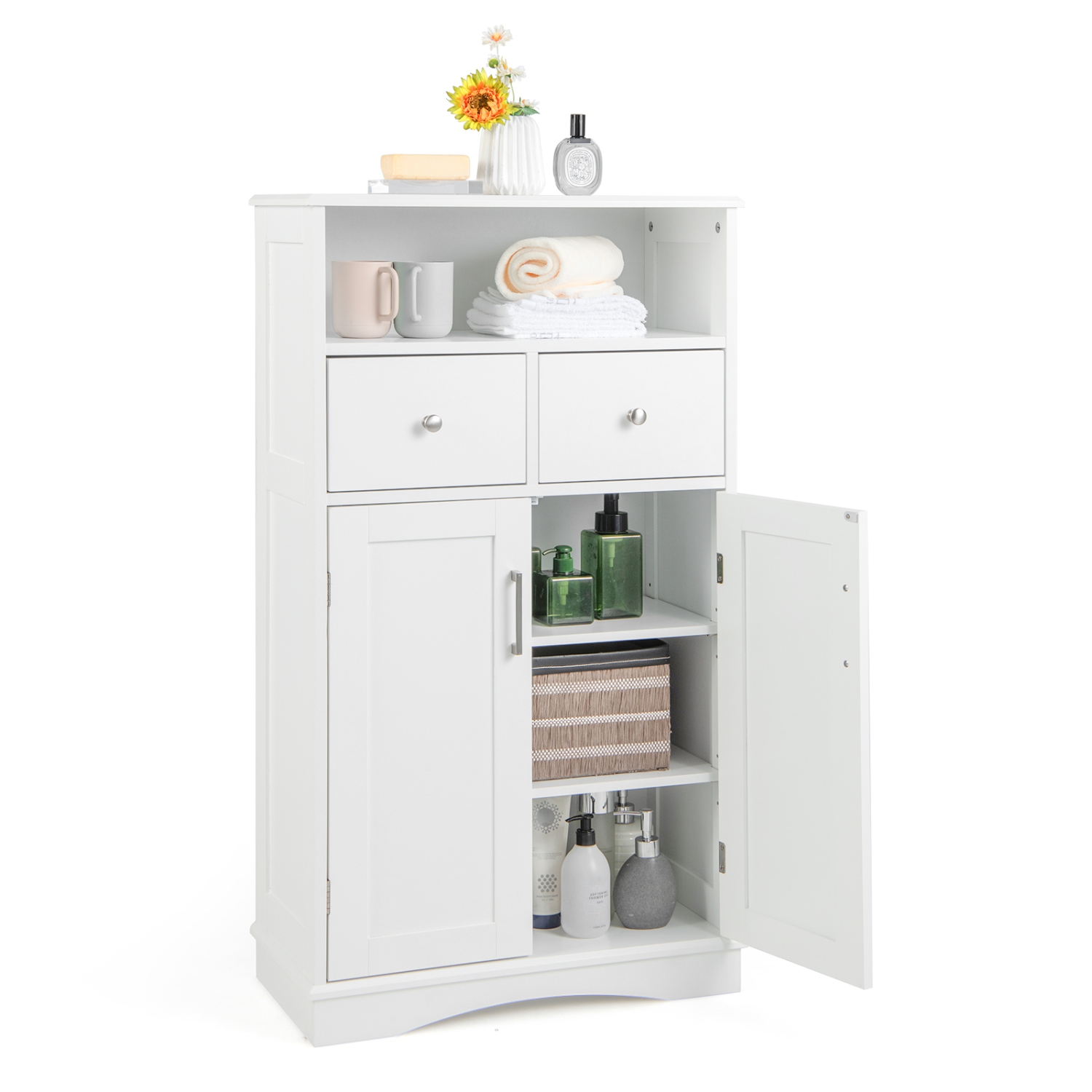 Topbuy – Armoire de rangement autonome pour salle de bain avec 2 tiroirs et 2 portes, tablettes réglables à 3 positions