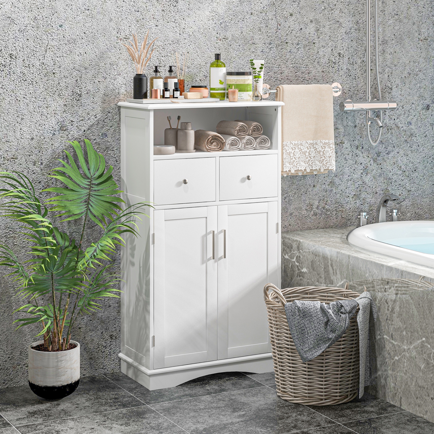 Topbuy – Armoire de rangement autonome pour salle de bain avec 2 tiroirs et 2 portes, tablettes réglables à 3 positions