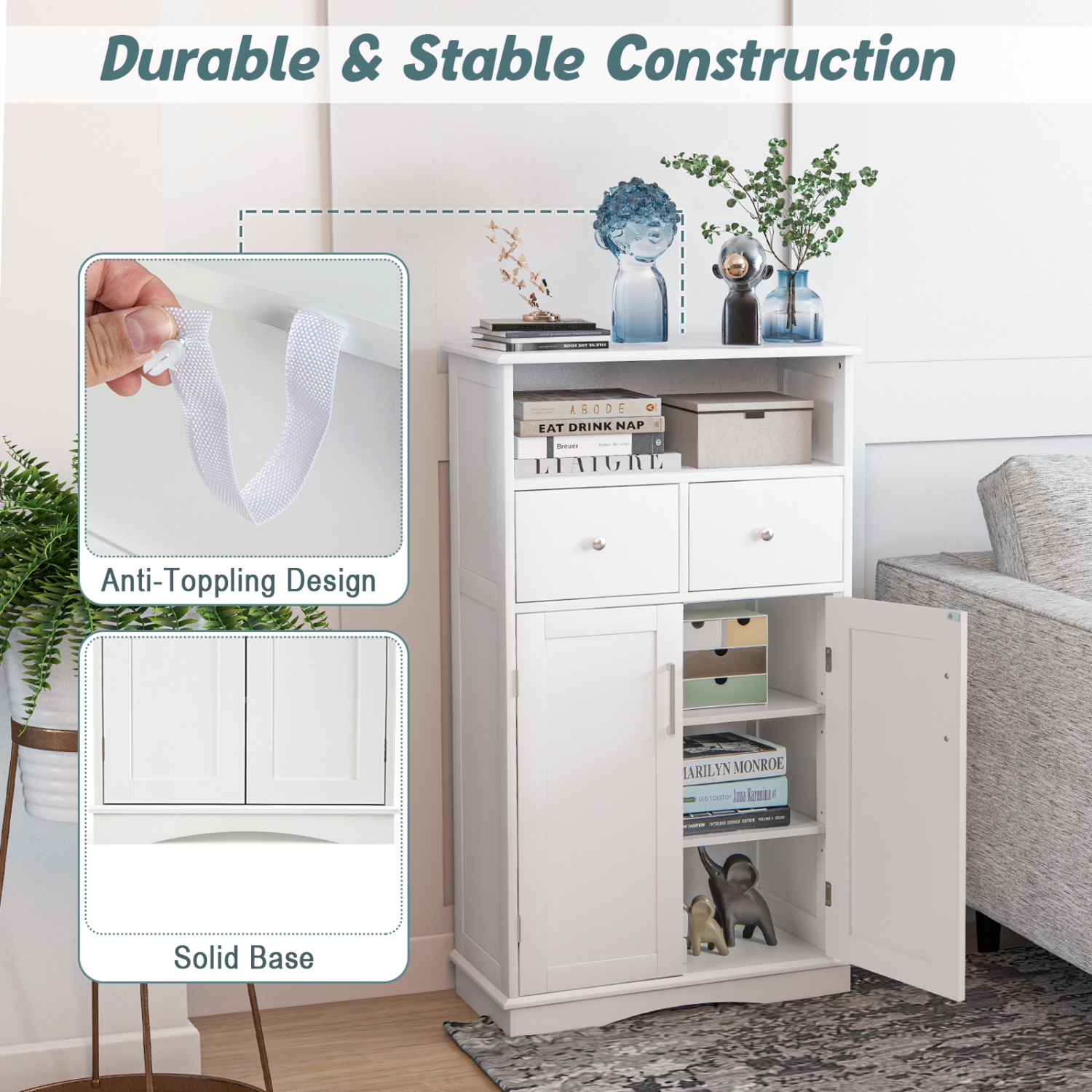 Topbuy – Armoire de rangement autonome pour salle de bain avec 2 tiroirs et 2 portes, tablettes réglables à 3 positions