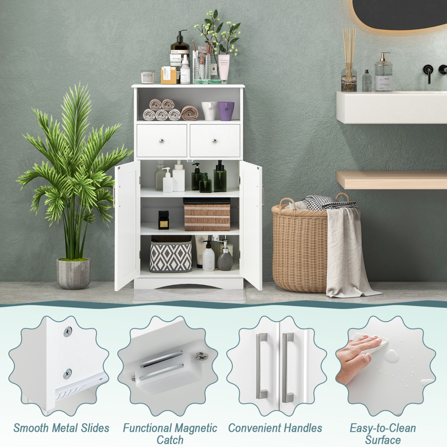 Topbuy – Armoire de rangement autonome pour salle de bain avec 2 tiroirs et 2 portes, tablettes réglables à 3 positions