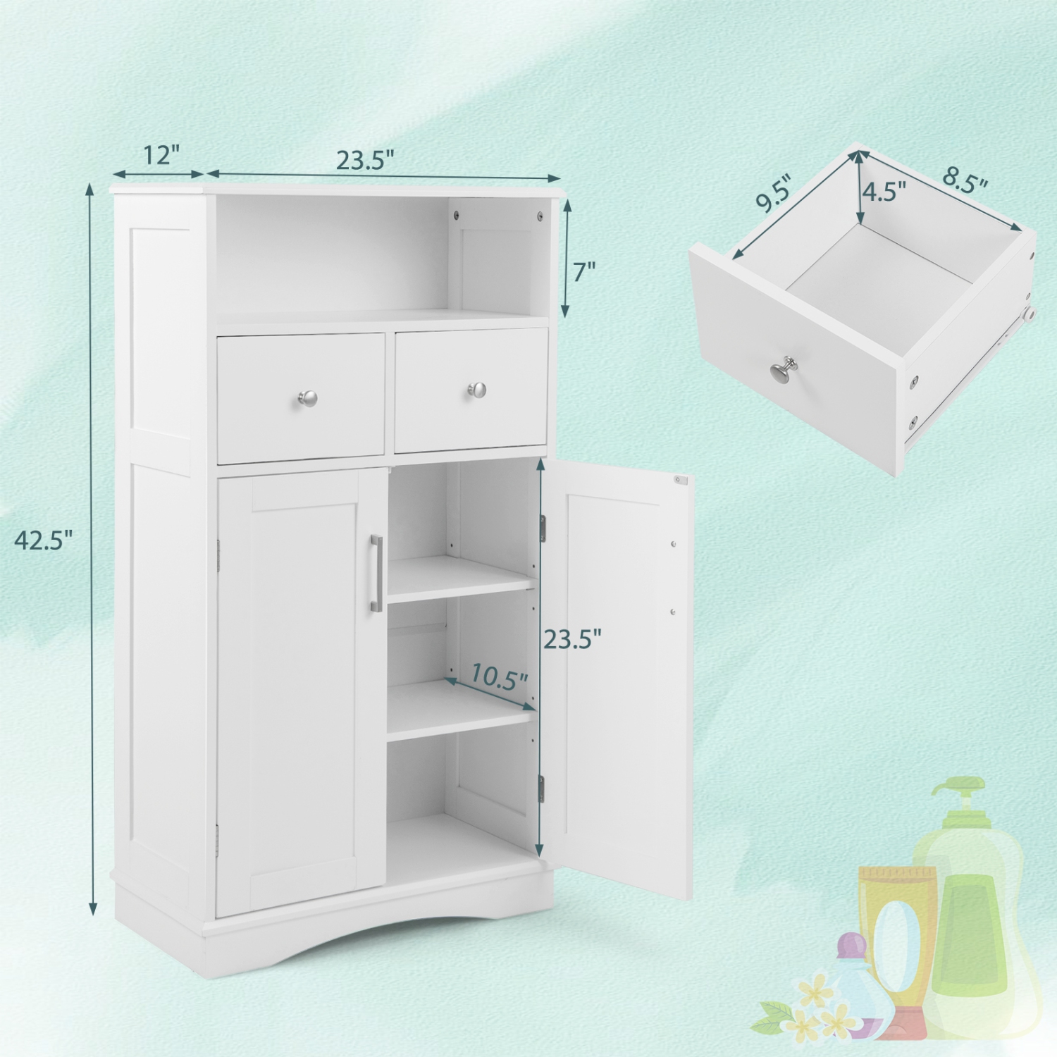Topbuy – Armoire de rangement autonome pour salle de bain avec 2 tiroirs et 2 portes, tablettes réglables à 3 positions