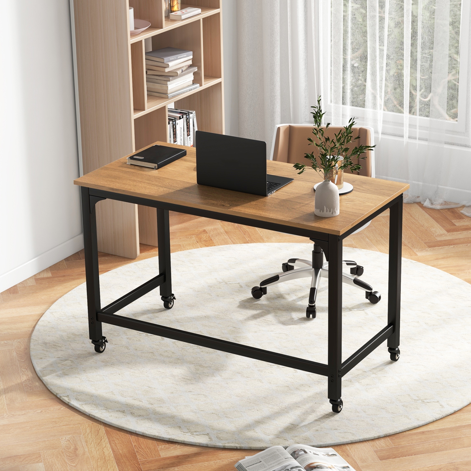 Topbuy 48" Rolling Computer Desk Mobile Study Writing Desk with Metal Frame Movable Home Office Desk Natural/Black