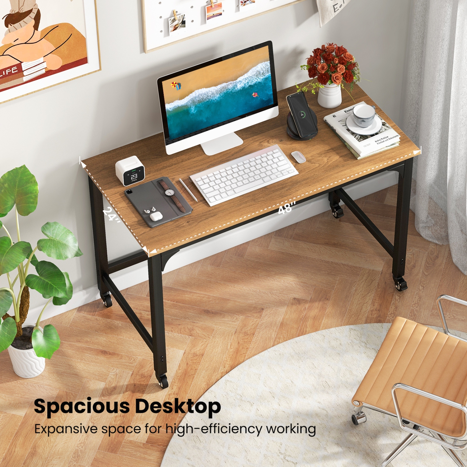 Topbuy 48" Rolling Computer Desk Mobile Study Writing Desk with Metal Frame Movable Home Office Desk Natural/Black