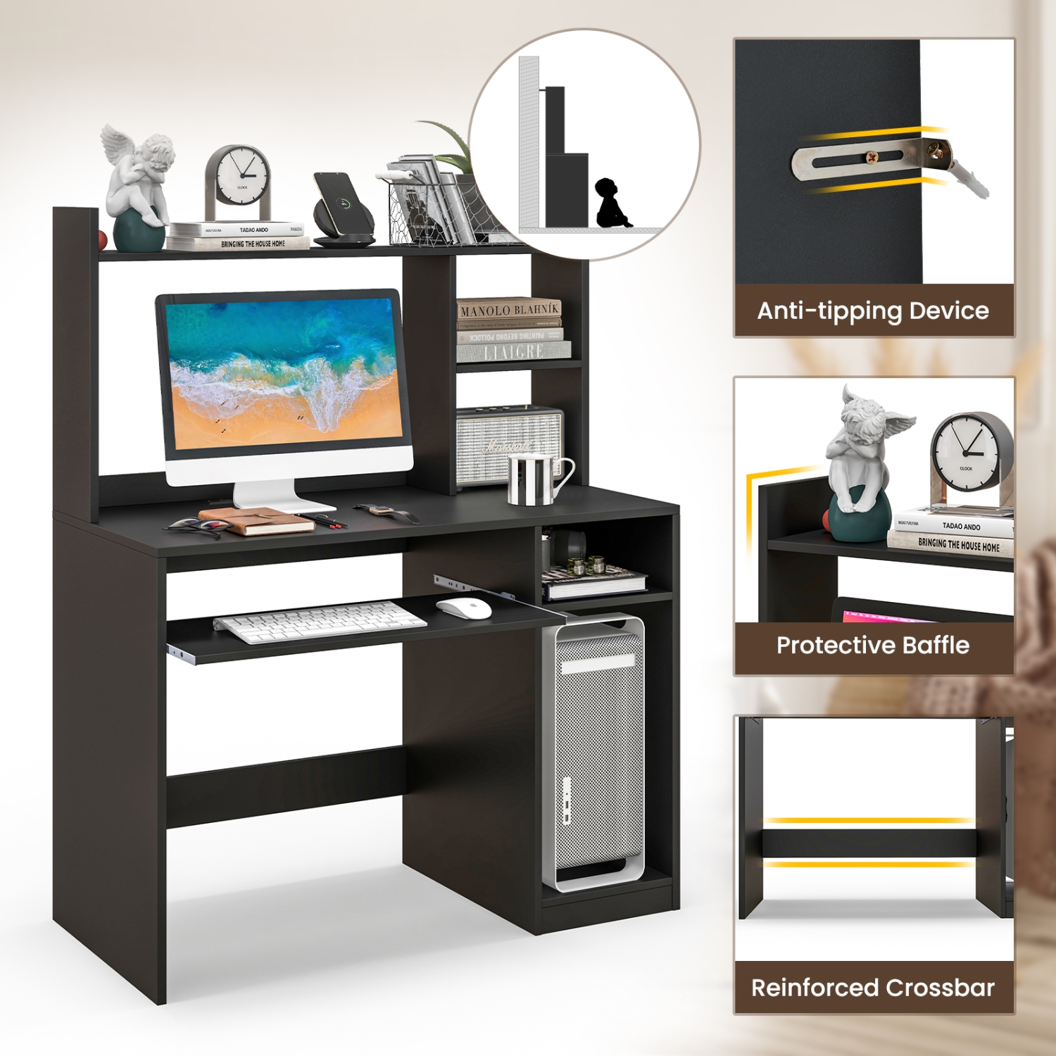 Topbuy Computer Desk w/ Charging Station 43.5" Gaming Table Workstation ...