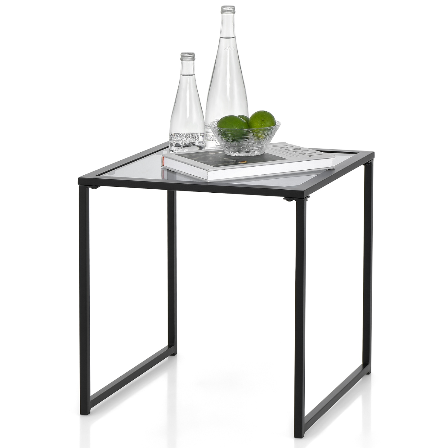 Topbuy 17" Tempered Glass Top Side Table Indoor Outdoor Small End Table w/ Metal Frame Space-saving Square Coffee Table