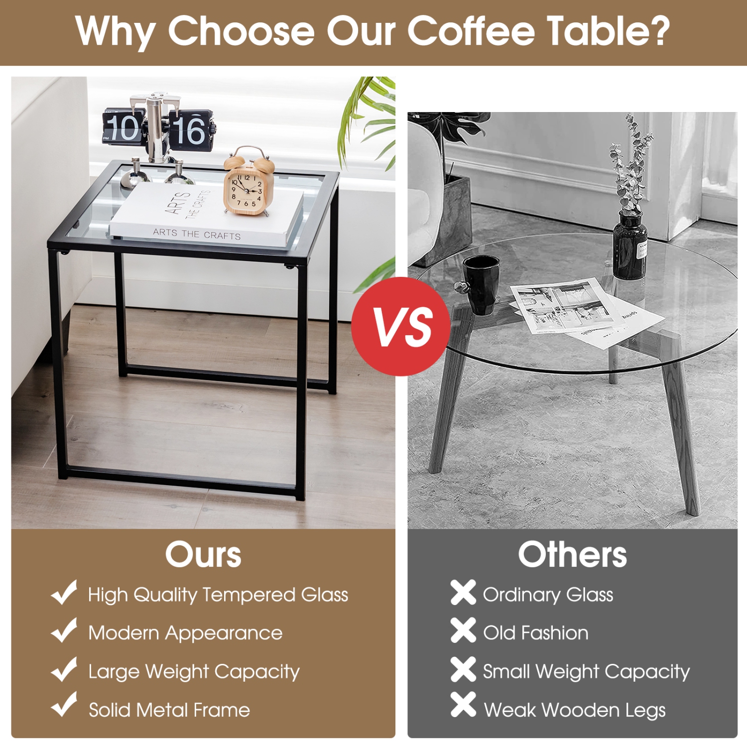 Topbuy 17" Tempered Glass Top Side Table Indoor Outdoor Small End Table w/ Metal Frame Space-saving Square Coffee Table