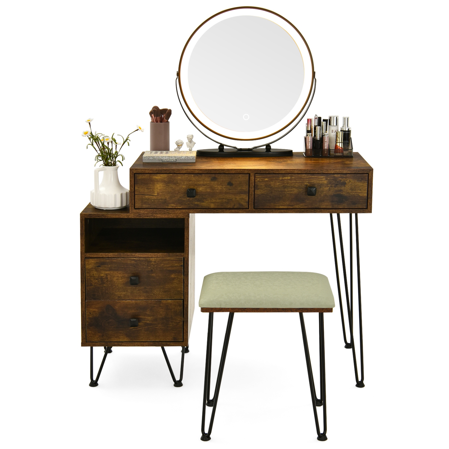 Topbuy Bedroom Makeup Vanity Dressing Table Stool Set with 3 Colors Lighted Mirror Large Storage Cabinet Drawer