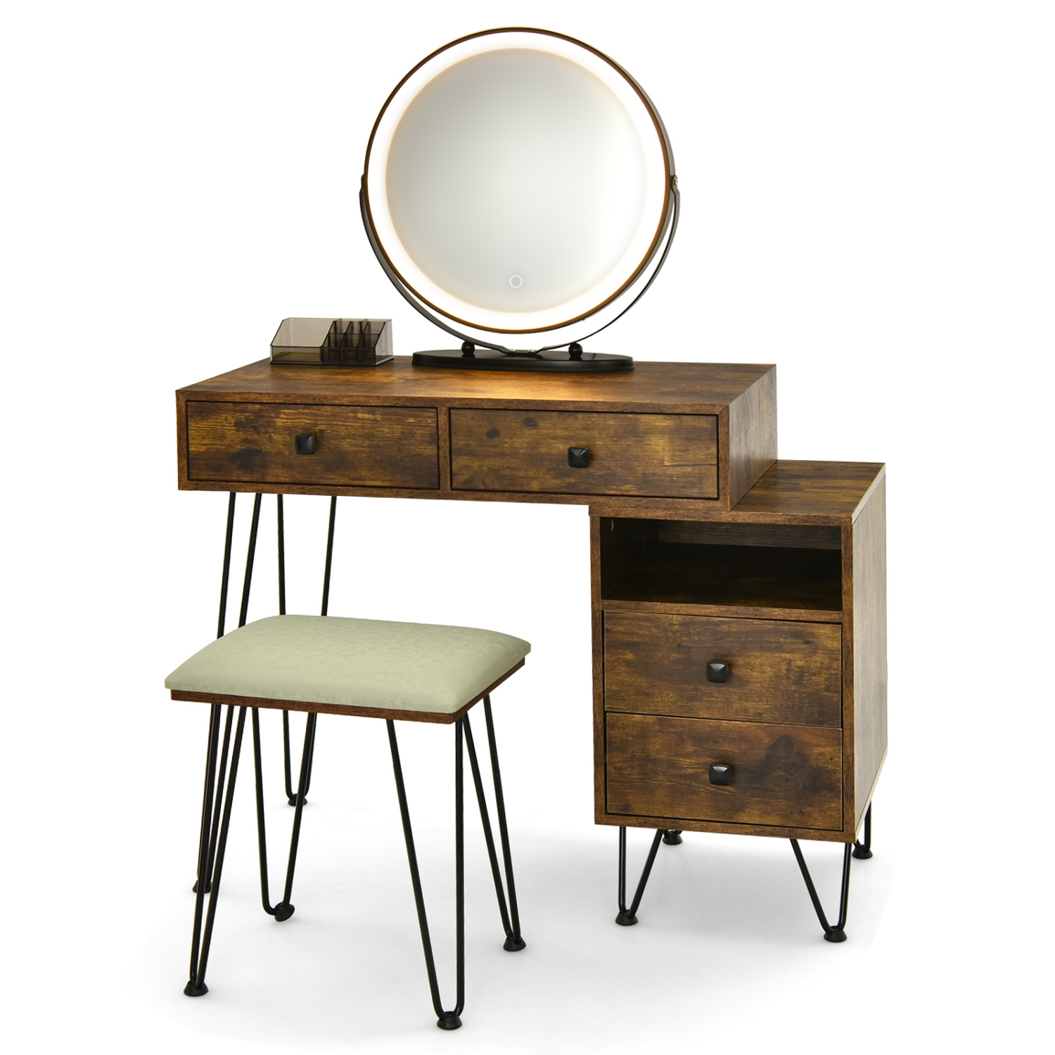 Topbuy Bedroom Makeup Vanity Dressing Table Stool Set with 3 Colors Lighted Mirror Large Storage Cabinet Drawer