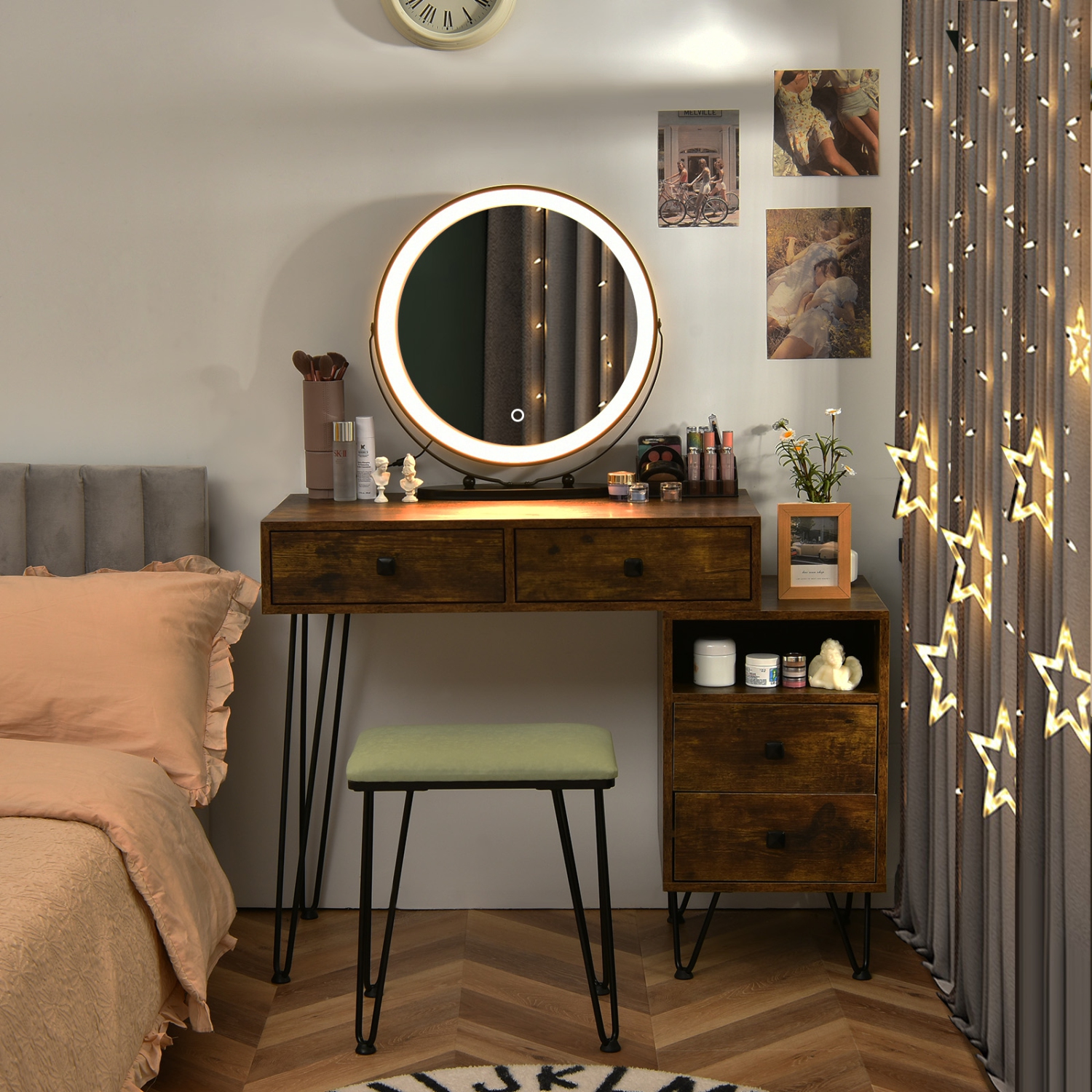 Topbuy Bedroom Makeup Vanity Dressing Table Stool Set with 3 Colors Lighted Mirror Large Storage Cabinet Drawer