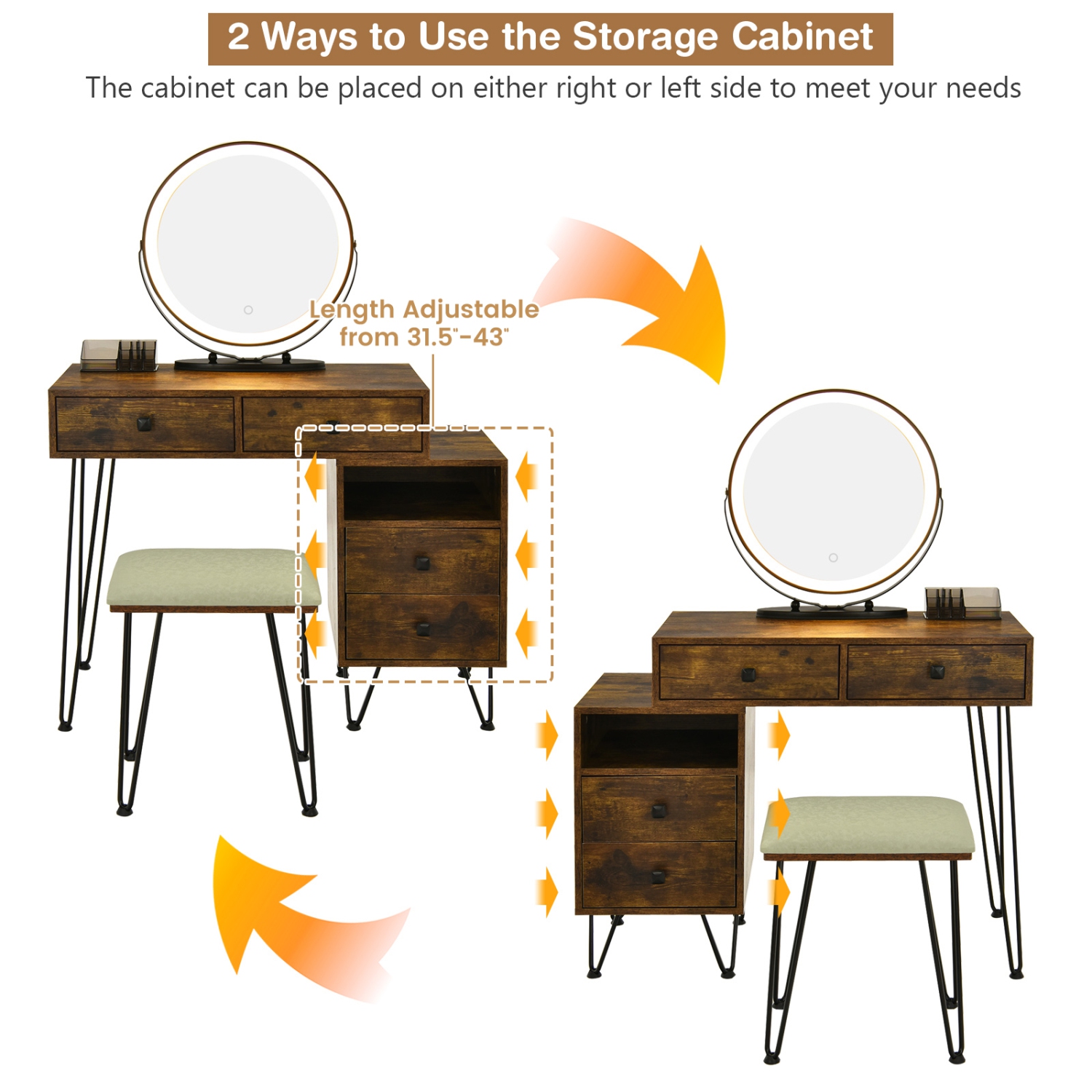 Topbuy Bedroom Makeup Vanity Dressing Table Stool Set with 3 Colors Lighted Mirror Large Storage Cabinet Drawer