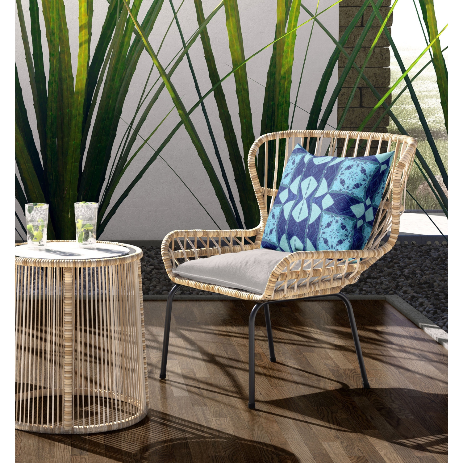 16" X 16" Blue Zippered Geometric Indoor Outdoor Throw Pillow