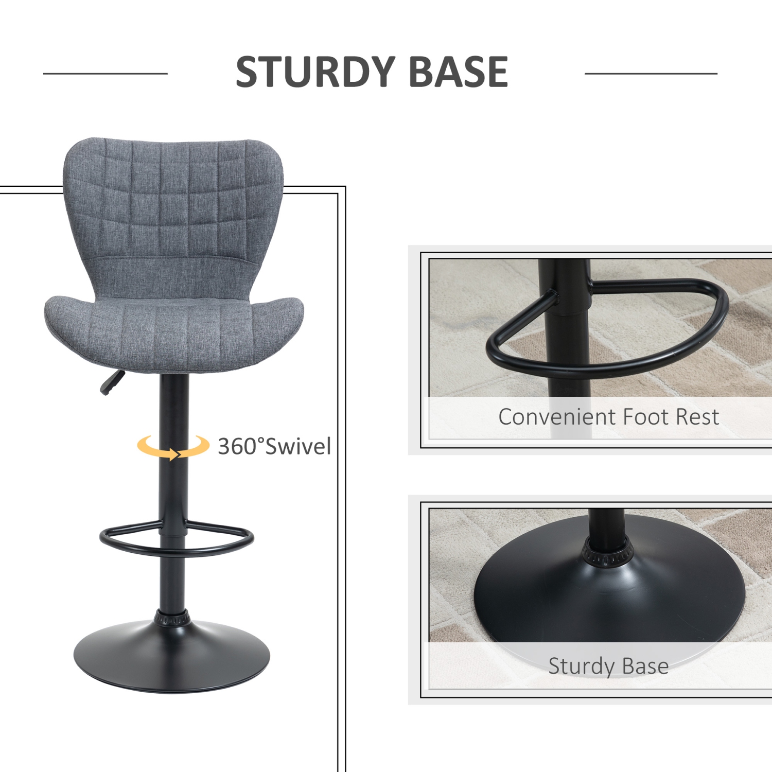 HOMCOM Bar Stools Set of 2, Adjustable Height Swivel Bar Chairs, Linen-feel Fabric Upholstered Kitchen Counter Stools with Wide Seat, Back and