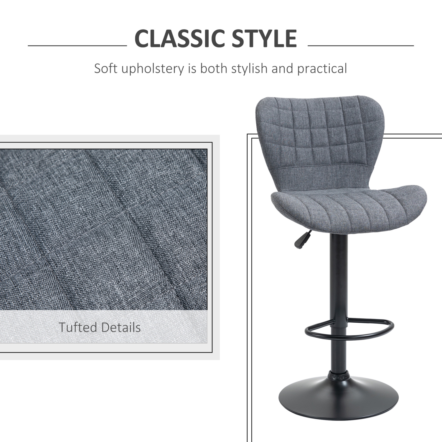 HOMCOM Bar Stools Set of 2, Adjustable Height Swivel Bar Chairs, Linen-feel Fabric Upholstered Kitchen Counter Stools with Wide Seat, Back and