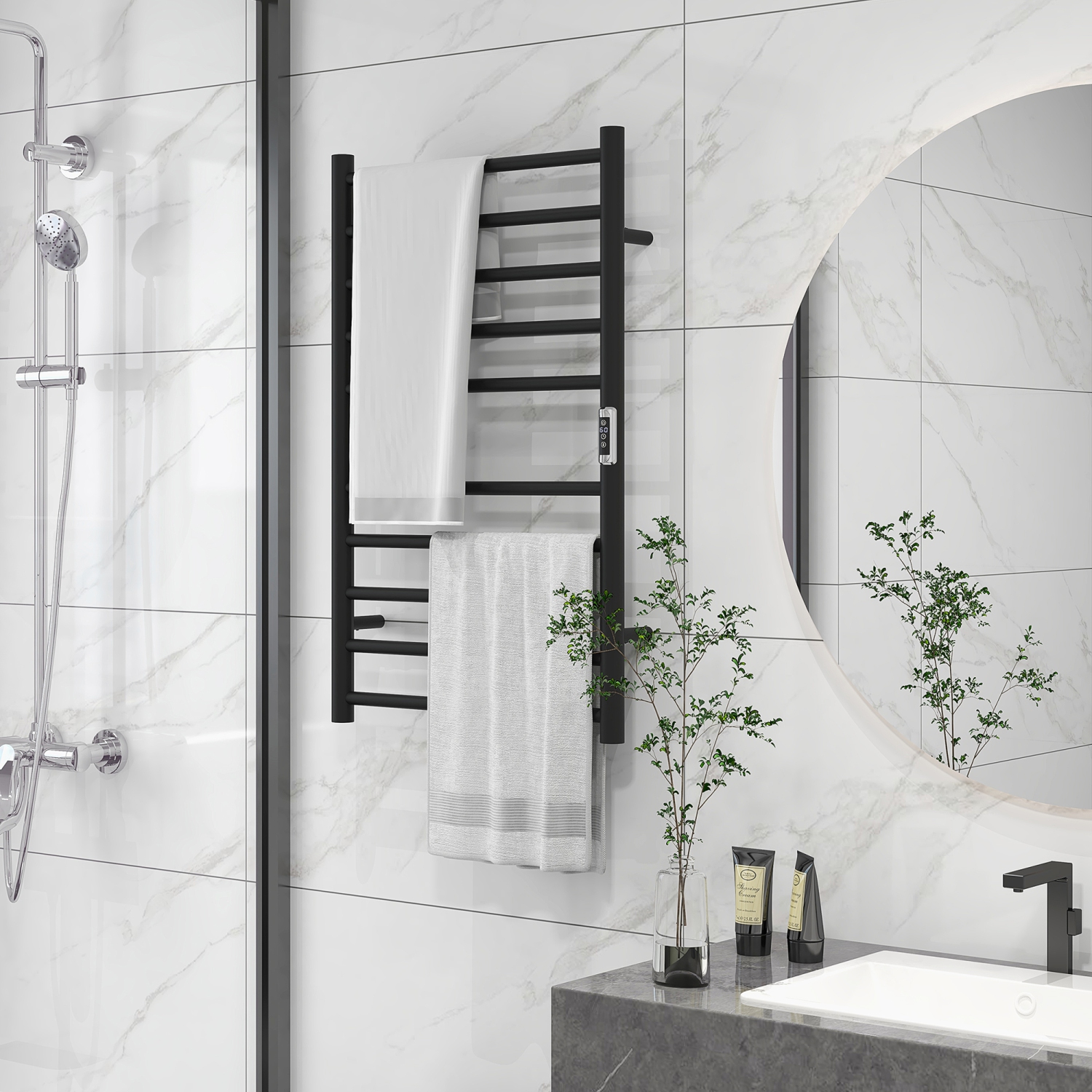 HOMCOM Heated Towel Warmer Rack, 304 Stainless Steel Electric Towel Bar with Timer, Temperature Adjustment, LED Display, 10 Bars, Wall Mounted for