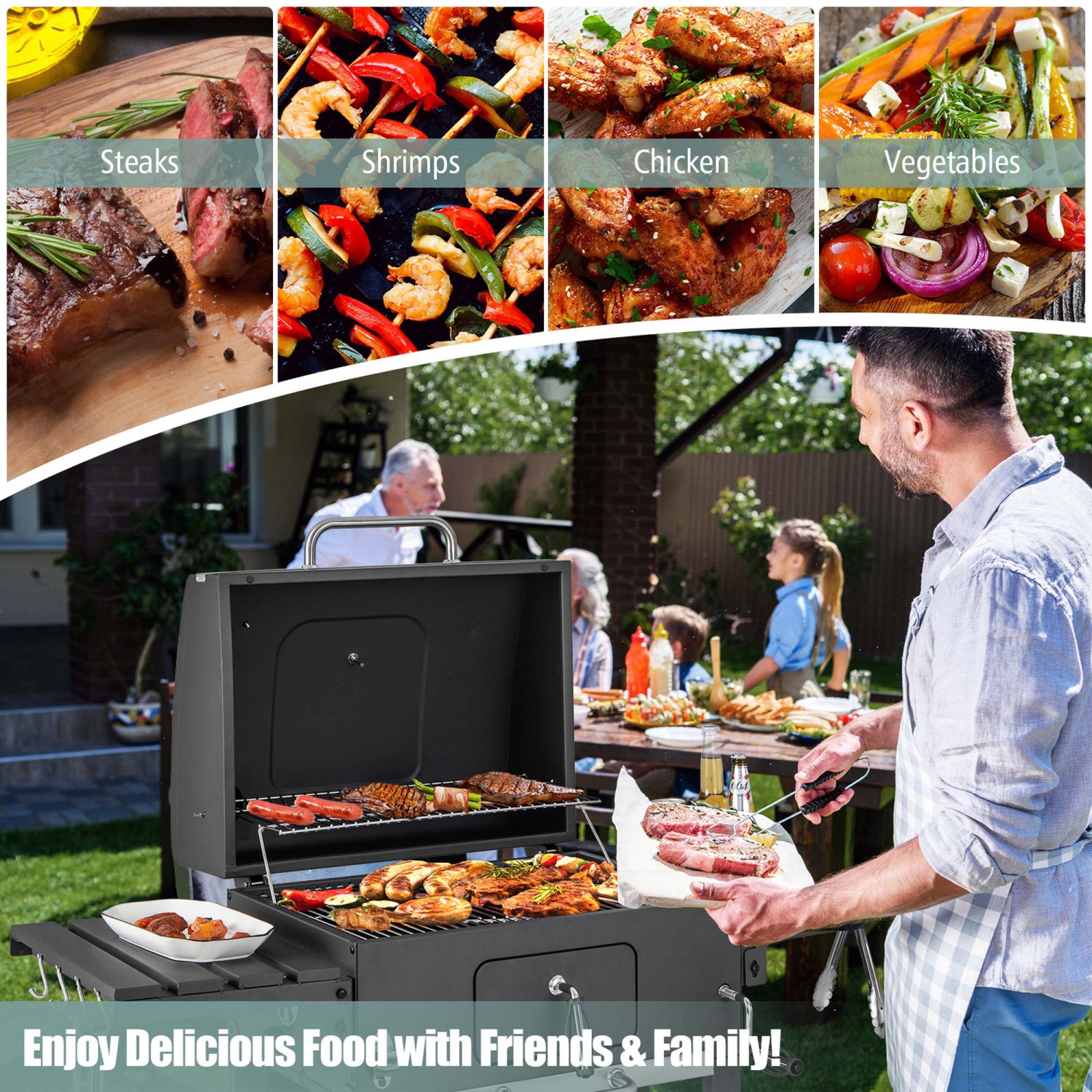 Costway Outdoor Charcoal Grill 391 sq.in. Cooking Area 2 Foldable Side Table BBQ Camping