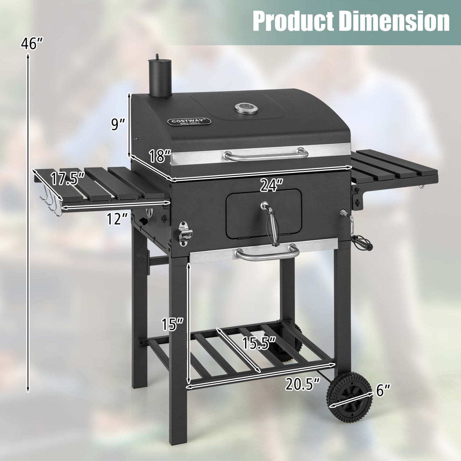 Costway Outdoor Charcoal Grill 391 sq.in. Cooking Area 2 Foldable Side Table BBQ Camping