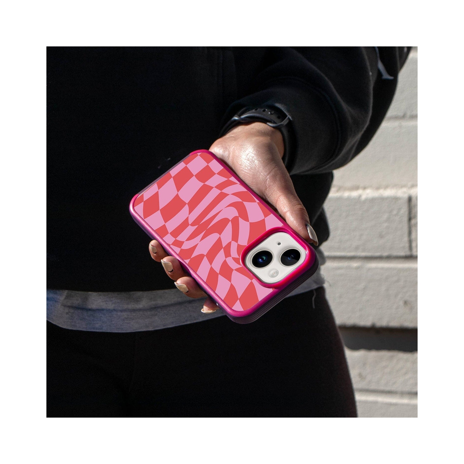 MagSafe iPhone 14 Pink Swirl Checkerboard Print Case