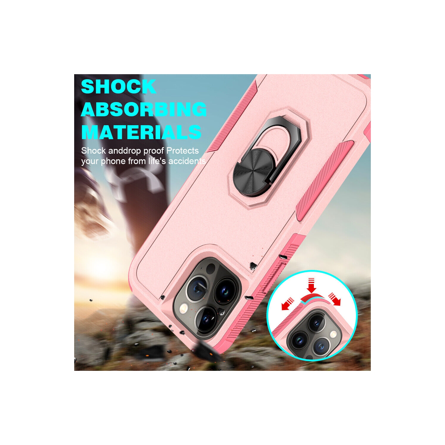 【CSmart】 Dual Layers Heavy Duty Magnetic Hard Kickstand Case with Ring Holder for iPhone 15 Pro Max, Light Pink