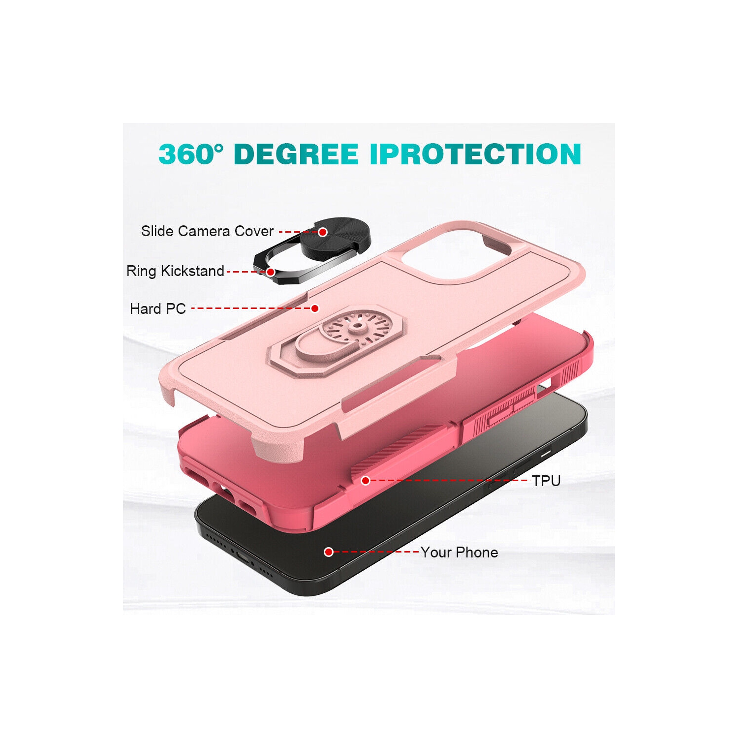 【CSmart】 Dual Layers Heavy Duty Magnetic Hard Kickstand Case with Ring Holder for iPhone 15 Pro Max, Light Pink
