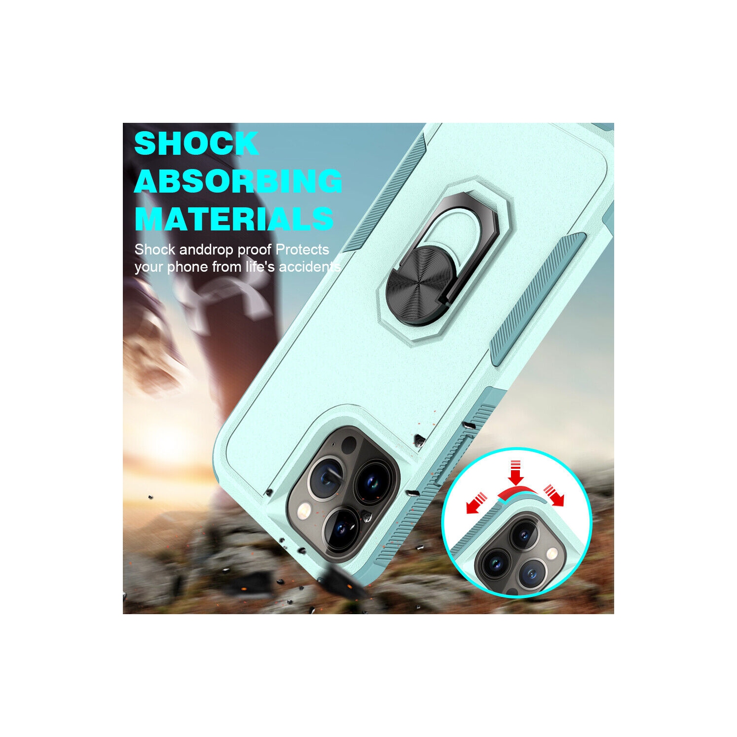 【CSmart】 Dual Layers Heavy Duty Magnetic Hard Kickstand Case with Ring Holder for iPhone 15 Pro Max, Teal