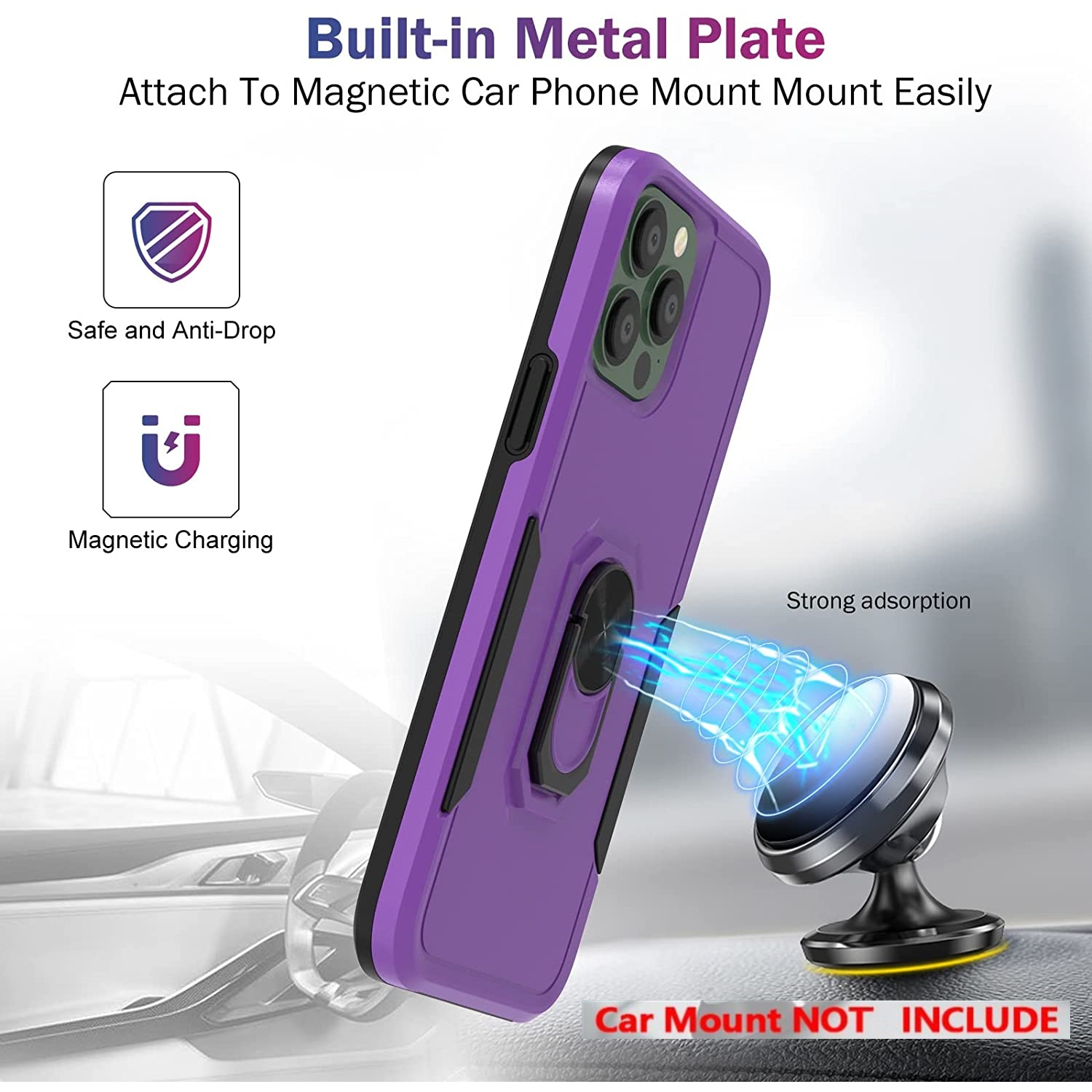 【CSmart】 Dual Layers Heavy Duty Magnetic Hard Kickstand Case with Ring Holder for iPhone 15 Pro Max, Purple