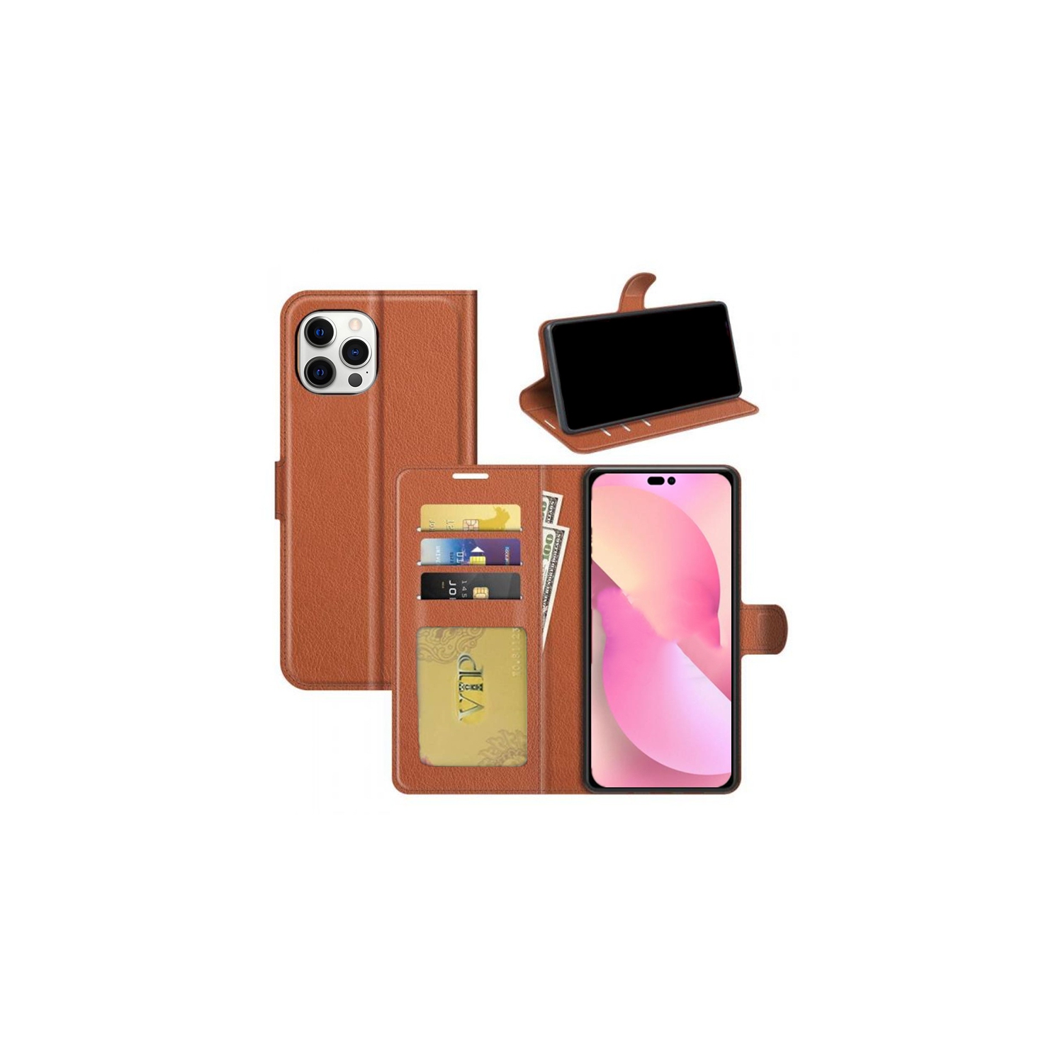 [CS] iPhone 15 Pro Max Case, Magnetic Leather Folio Wallet Flip Case Cover with Card Slot, Brown