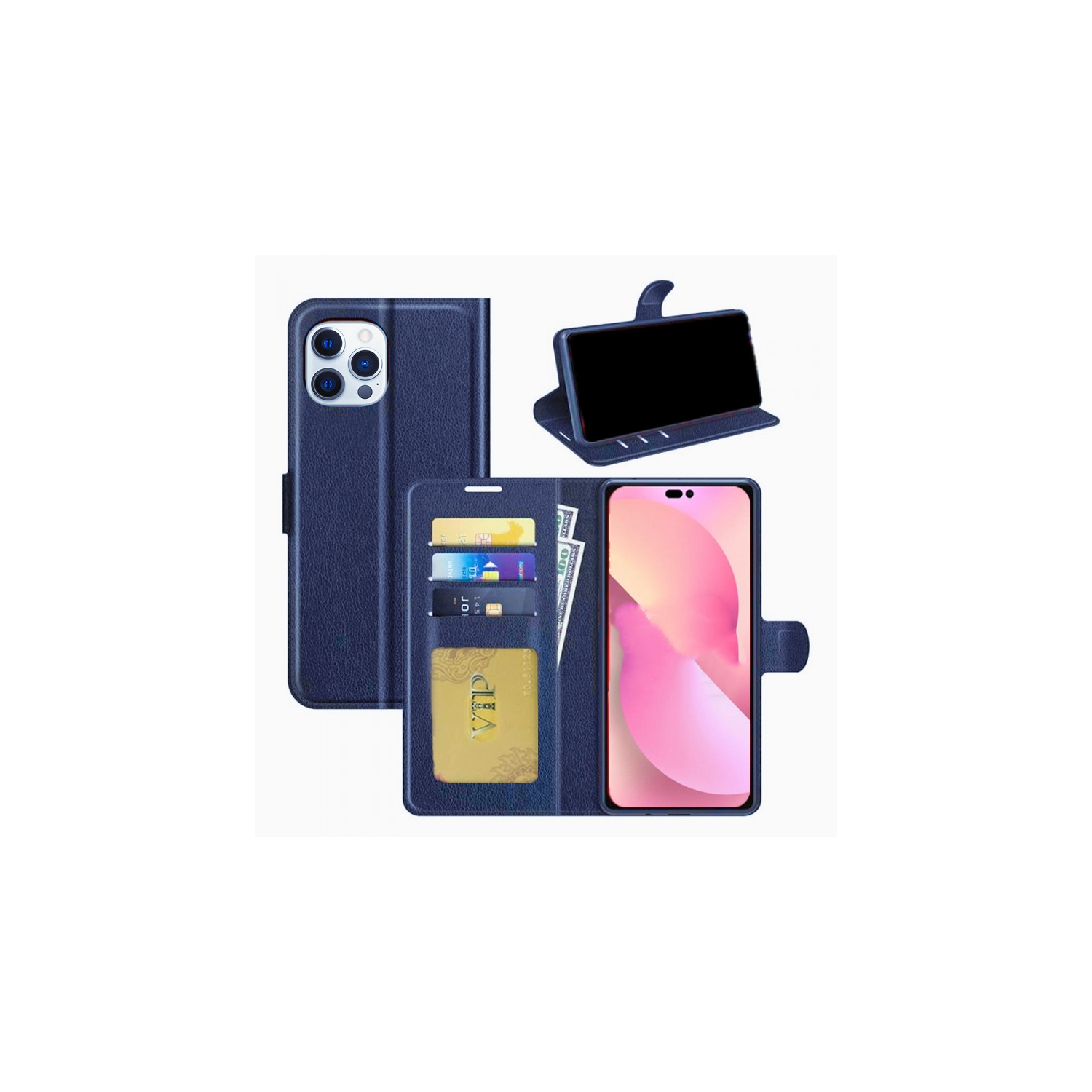 [CS] iPhone 15 Pro Max Case, Magnetic Leather Folio Wallet Flip Case Cover with Card Slot, Navy
