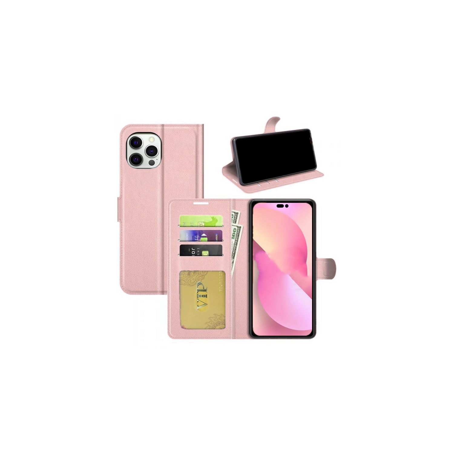 [CS] iPhone 15 Pro Max Case, Magnetic Leather Folio Wallet Flip Case Cover with Card Slot, Rose Gold