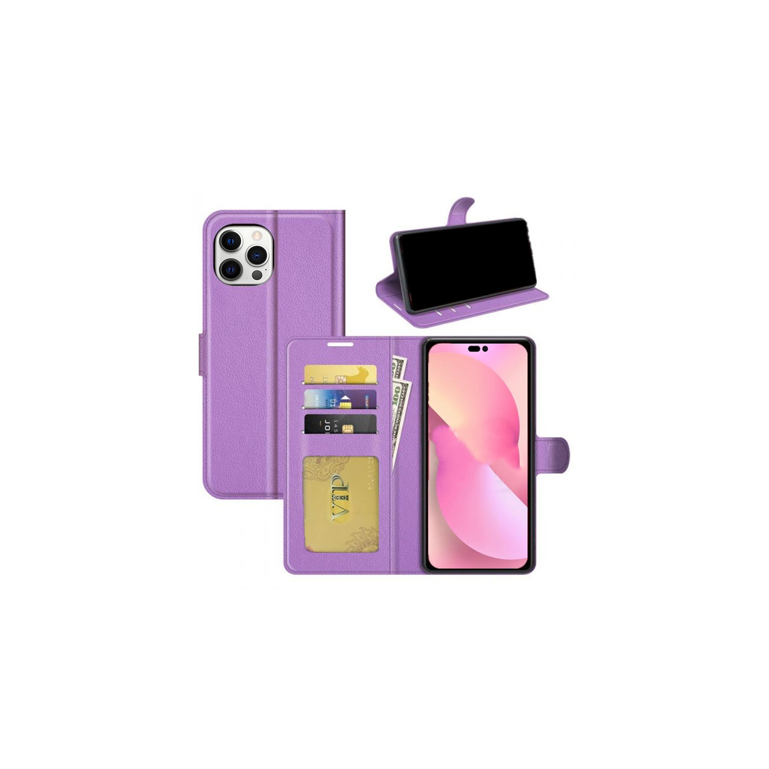 [CS] iPhone 15 Pro Max Case, Magnetic Leather Folio Wallet Flip Case Cover with Card Slot, Purple