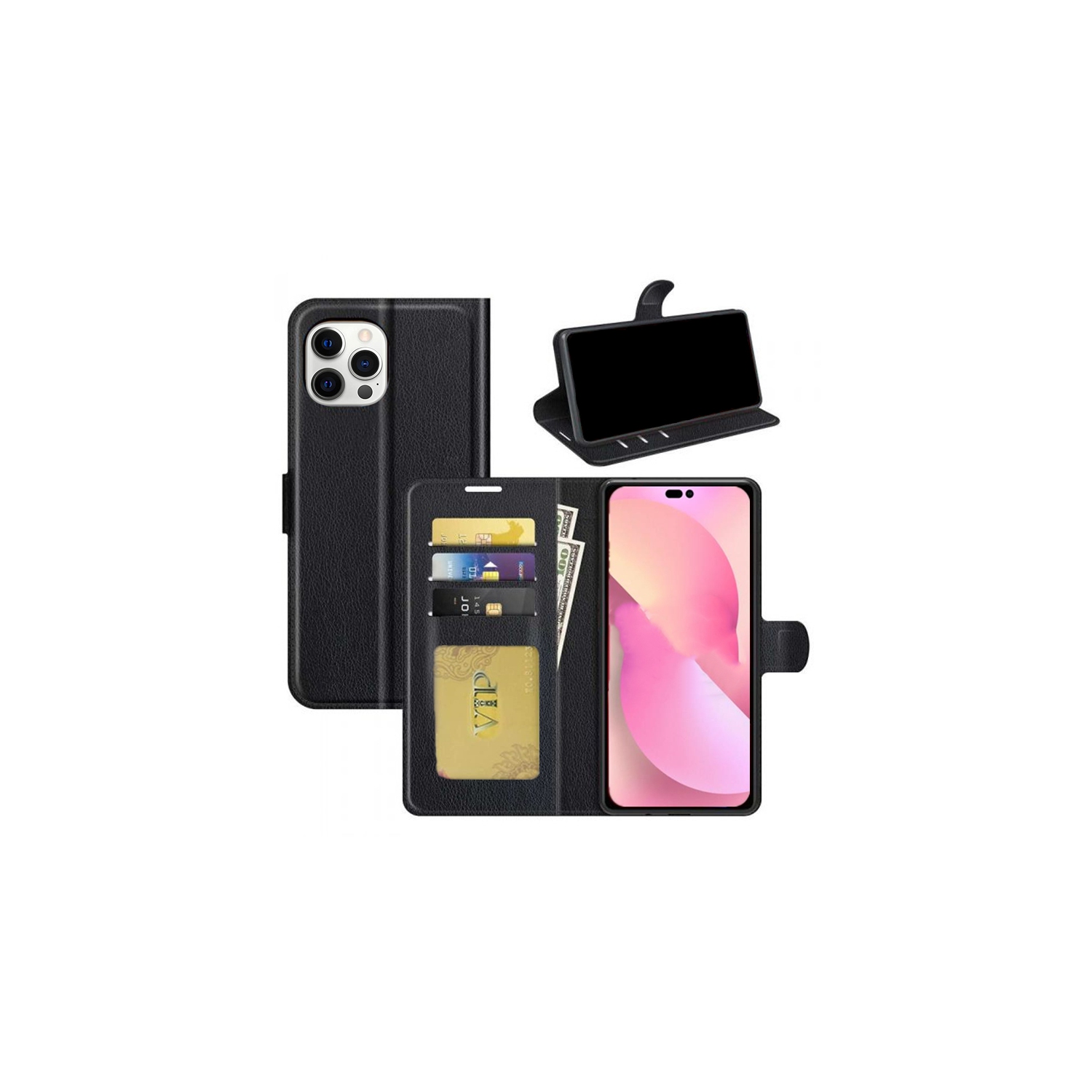 [CS] iPhone 15 Pro Max Case, Magnetic Leather Folio Wallet Flip Case Cover with Card Slot, Black