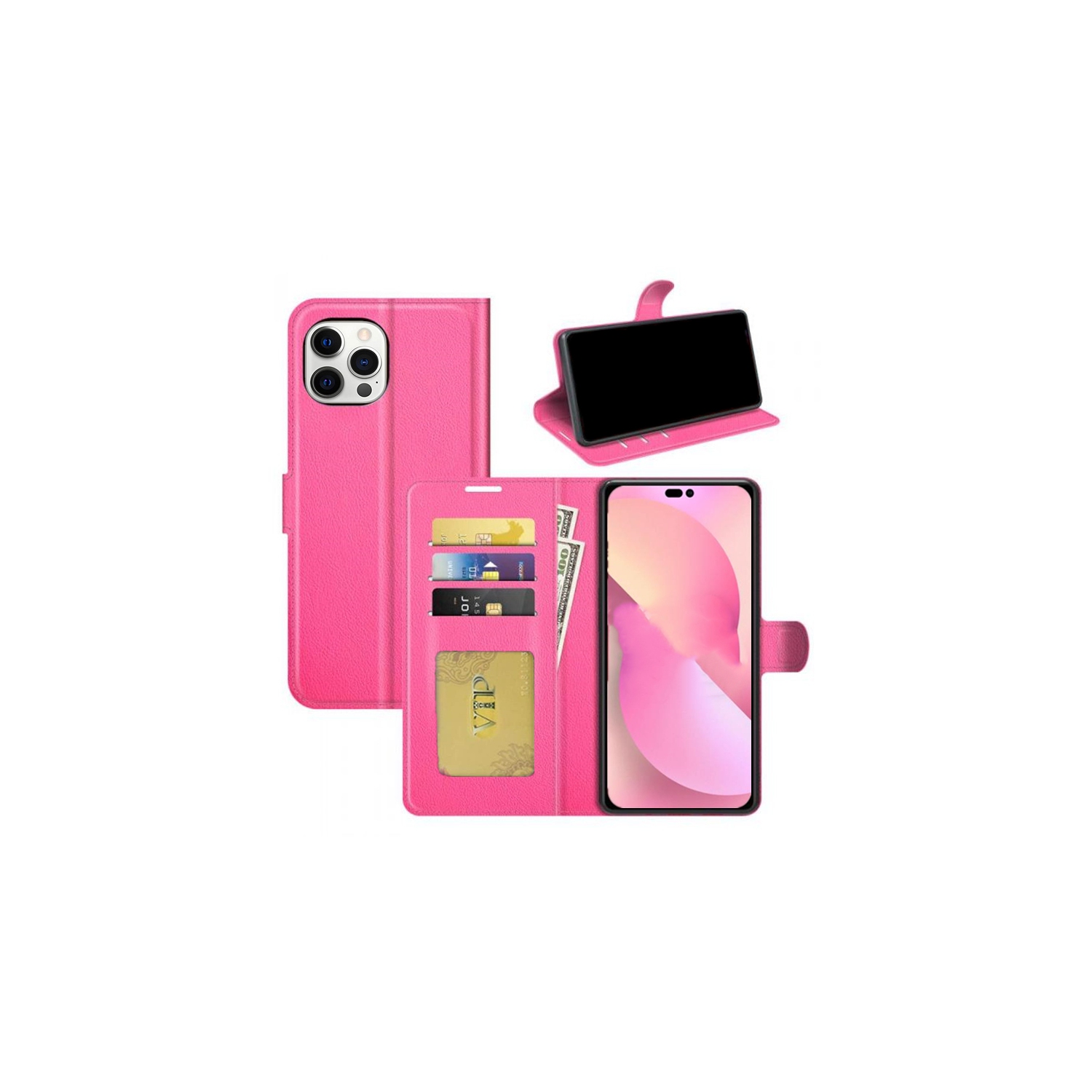 [CS] iPhone 15 Pro Max Case, Magnetic Leather Folio Wallet Flip Case Cover with Card Slot, Hot Pink