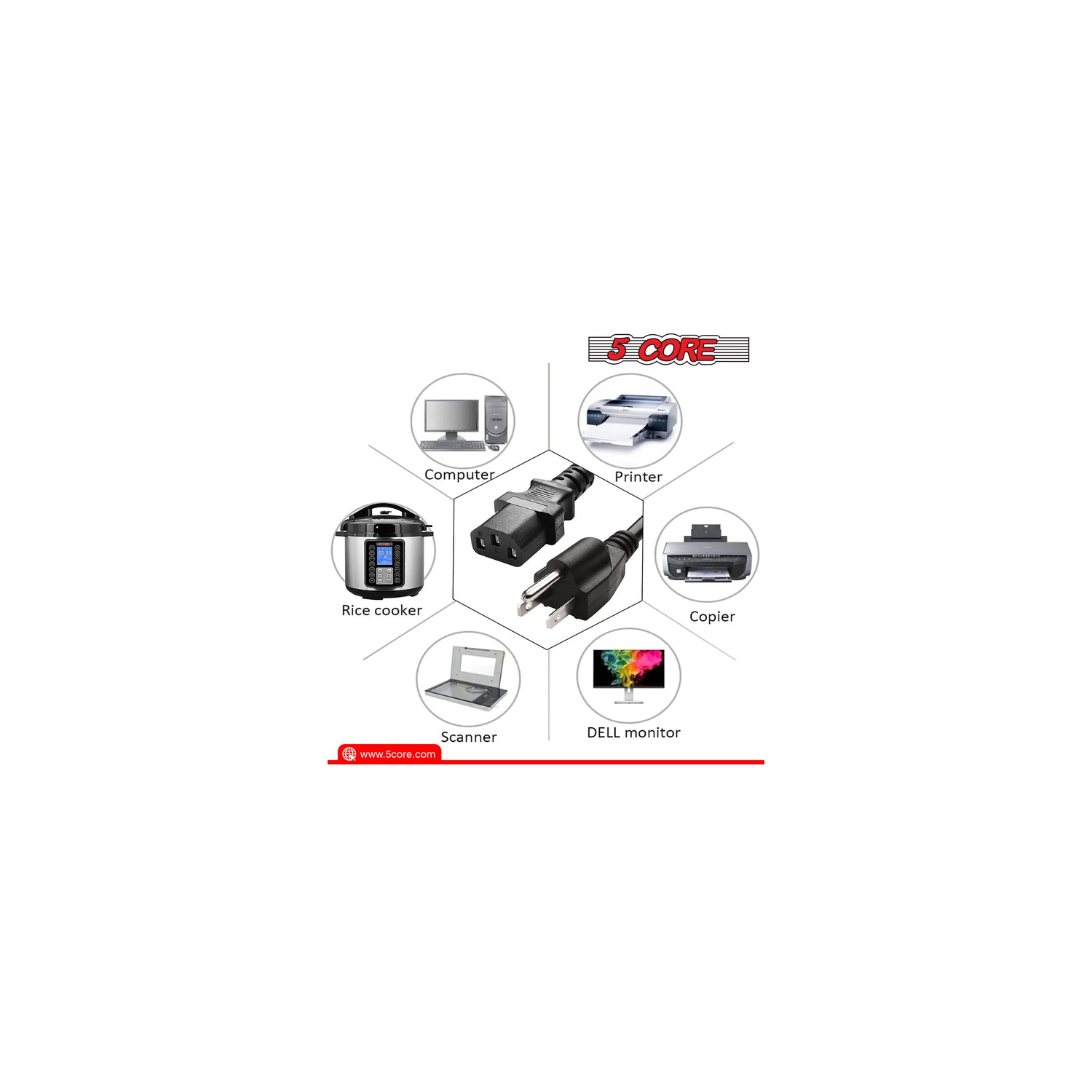 Rallonge à 3 broches 5 Core, 6 pi, noir, câble d'extension à trois broches durable US, 3 broches, rallonge pour lumières de Noël, extérieur, robuste,