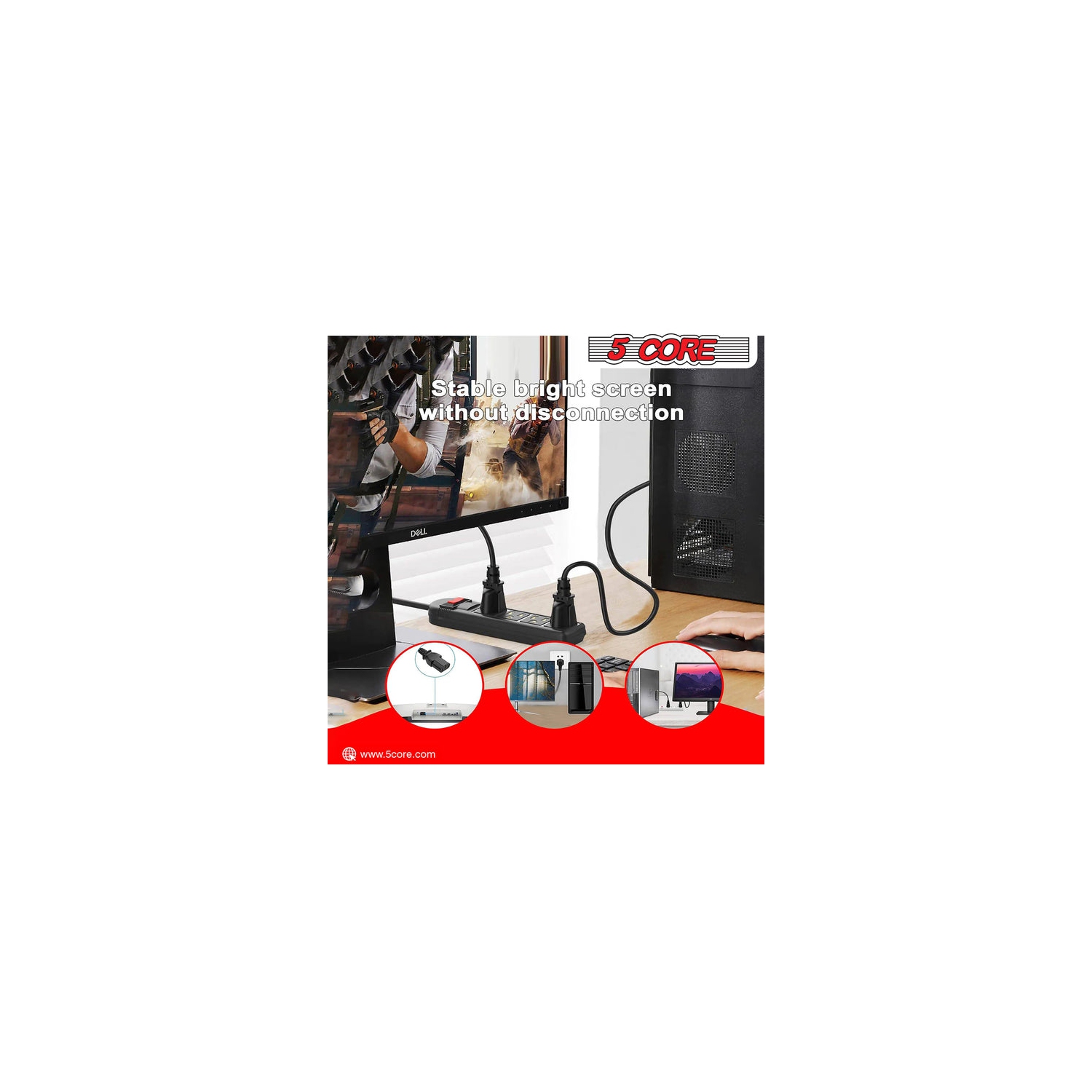 Rallonge à 3 broches 5 Core, 6 pi, noir, câble d'extension à trois broches durable US, 3 broches, rallonge pour lumières de Noël, extérieur, robuste,