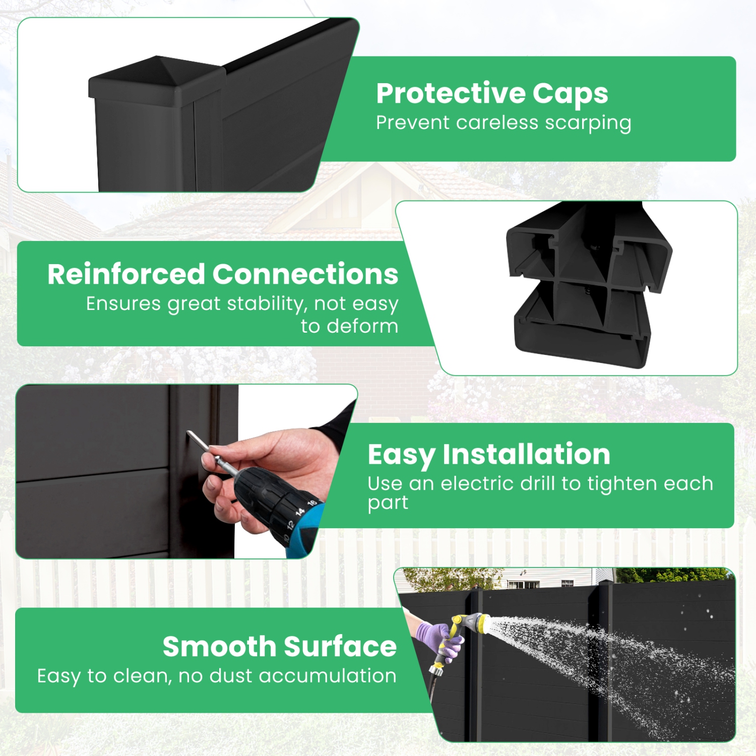 Topbuy 1PC/2PCS Outdoor Privacy Fence Panel 2 Picket PVC Decorative Fence w/3 Cuspidal Stakes Trash Enclosure & Air Conditioner Freestanding Fence