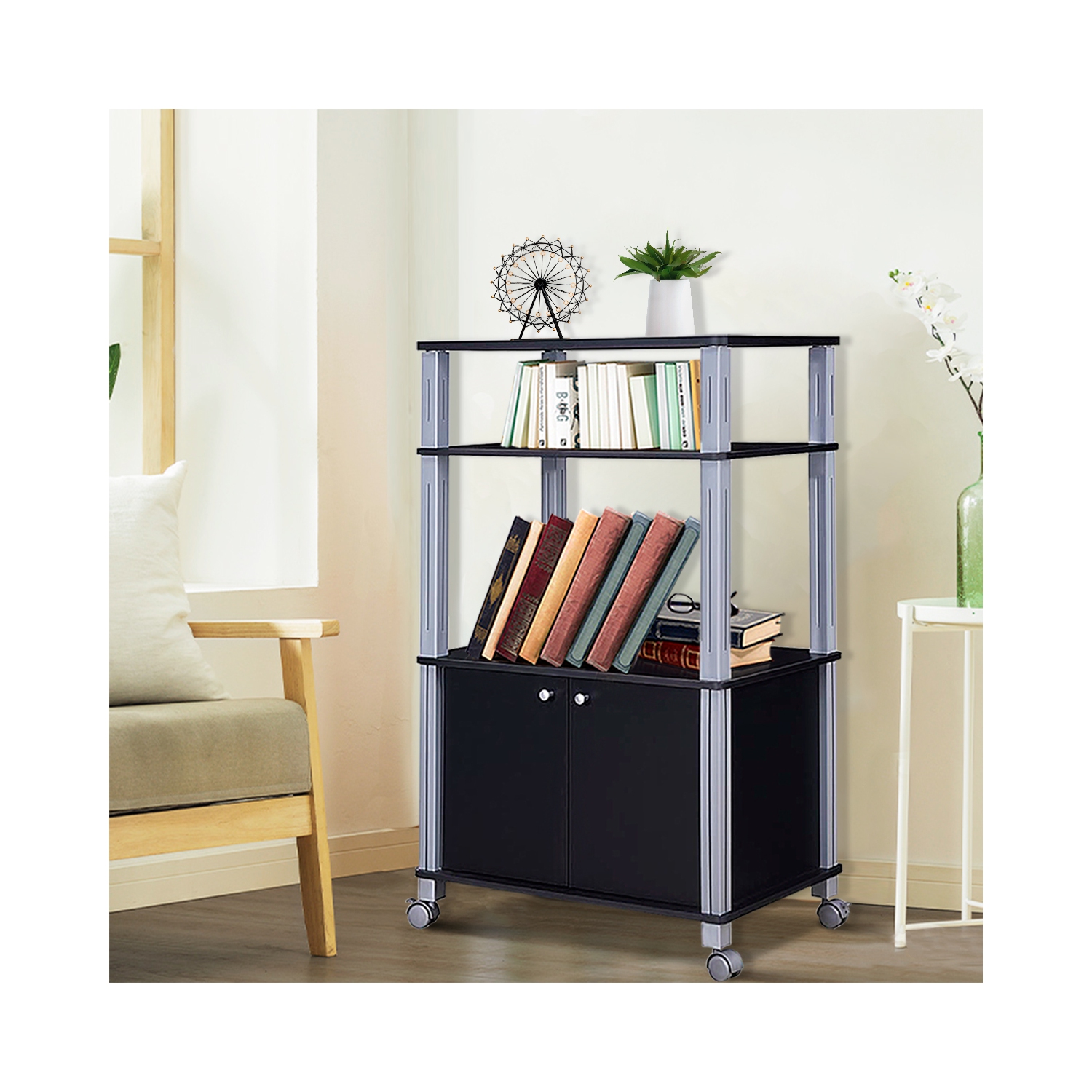 Topbuy 3-tier Display Shelf Microwave Stand Cabinet w/ Rolling Wheel Black