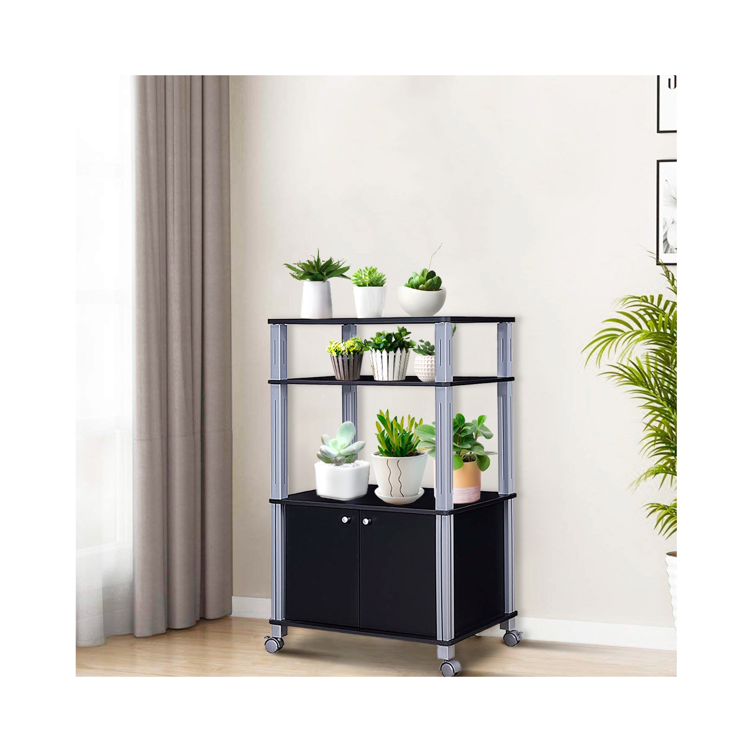 Topbuy 3-tier Display Shelf Microwave Stand Cabinet w/ Rolling Wheel Black