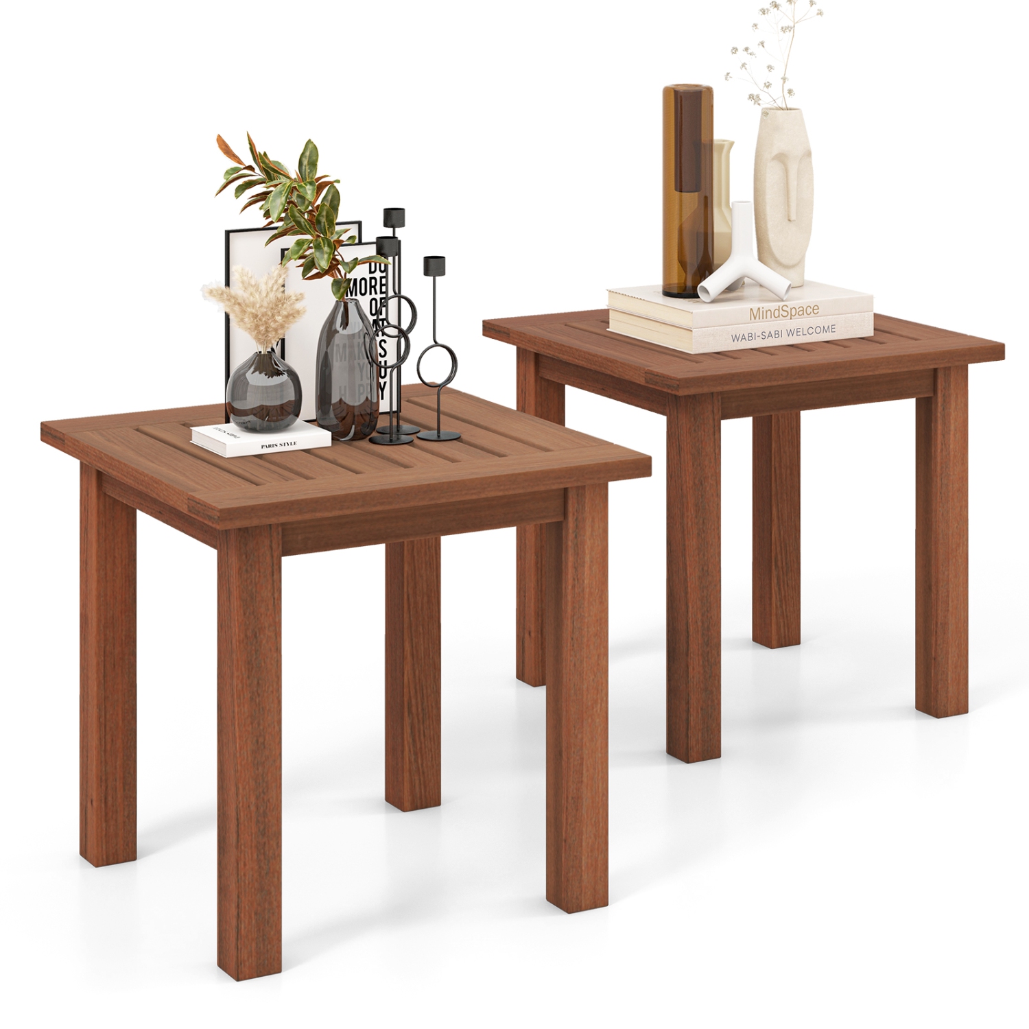 Topbuy 1PC/2PCS Patio Hardwood End Table Square Side Table with Slatted Tabletop Small Coffee Bistro Table Indoor Outdoor Side Table