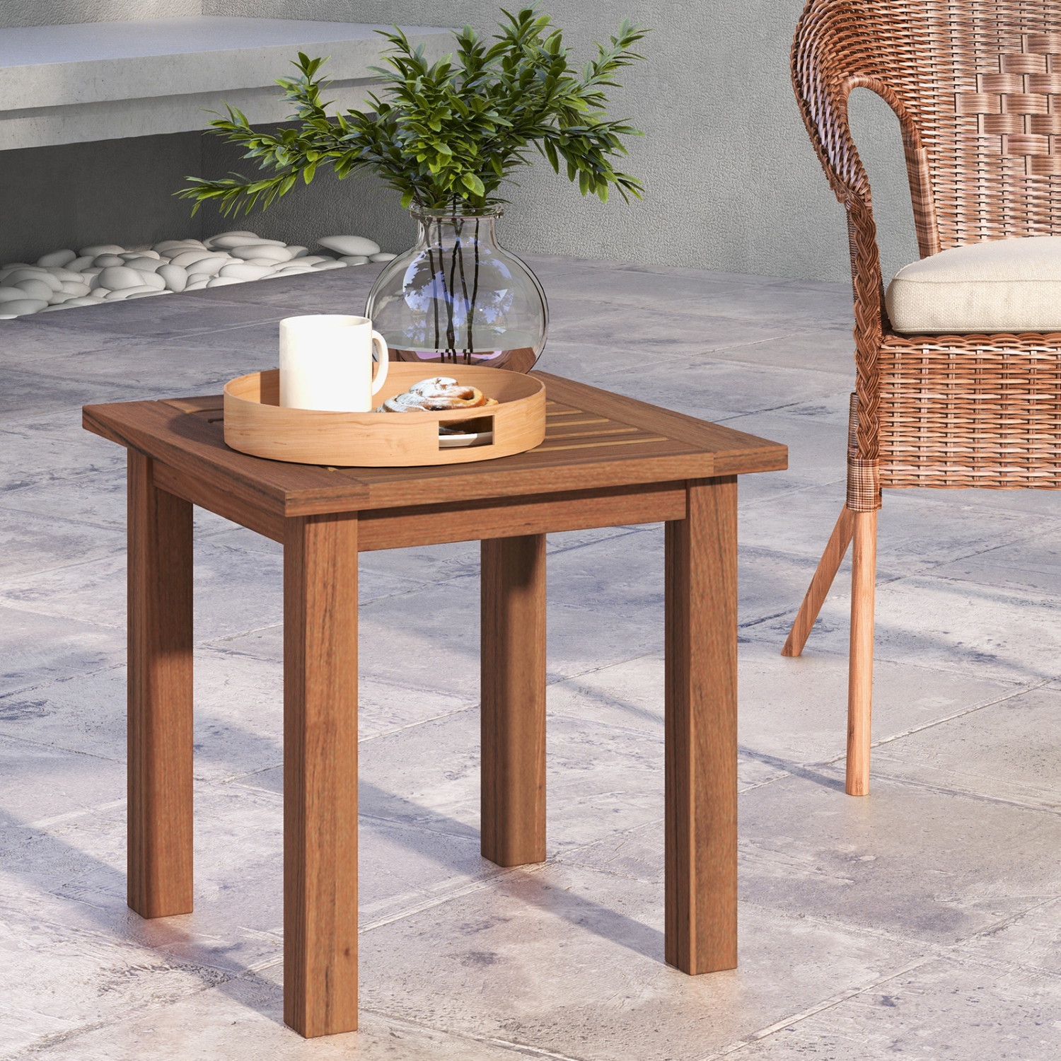 Topbuy 1PC/2PCS Patio Hardwood End Table Square Side Table with Slatted Tabletop Small Coffee Bistro Table Indoor Outdoor Side Table