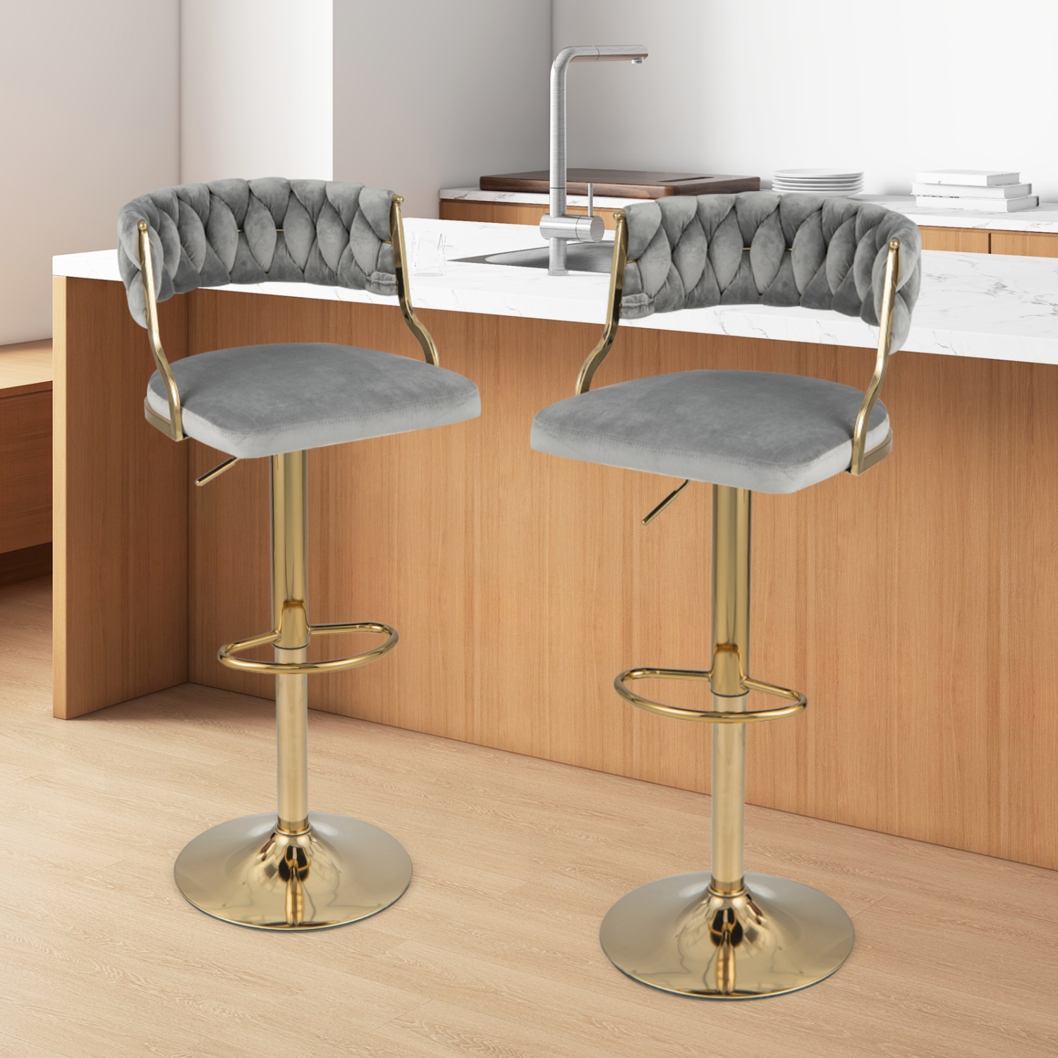 Costway Swivel Velvet Bar Stools Set of 2 Upholstered Adjustable with Woven Backrest