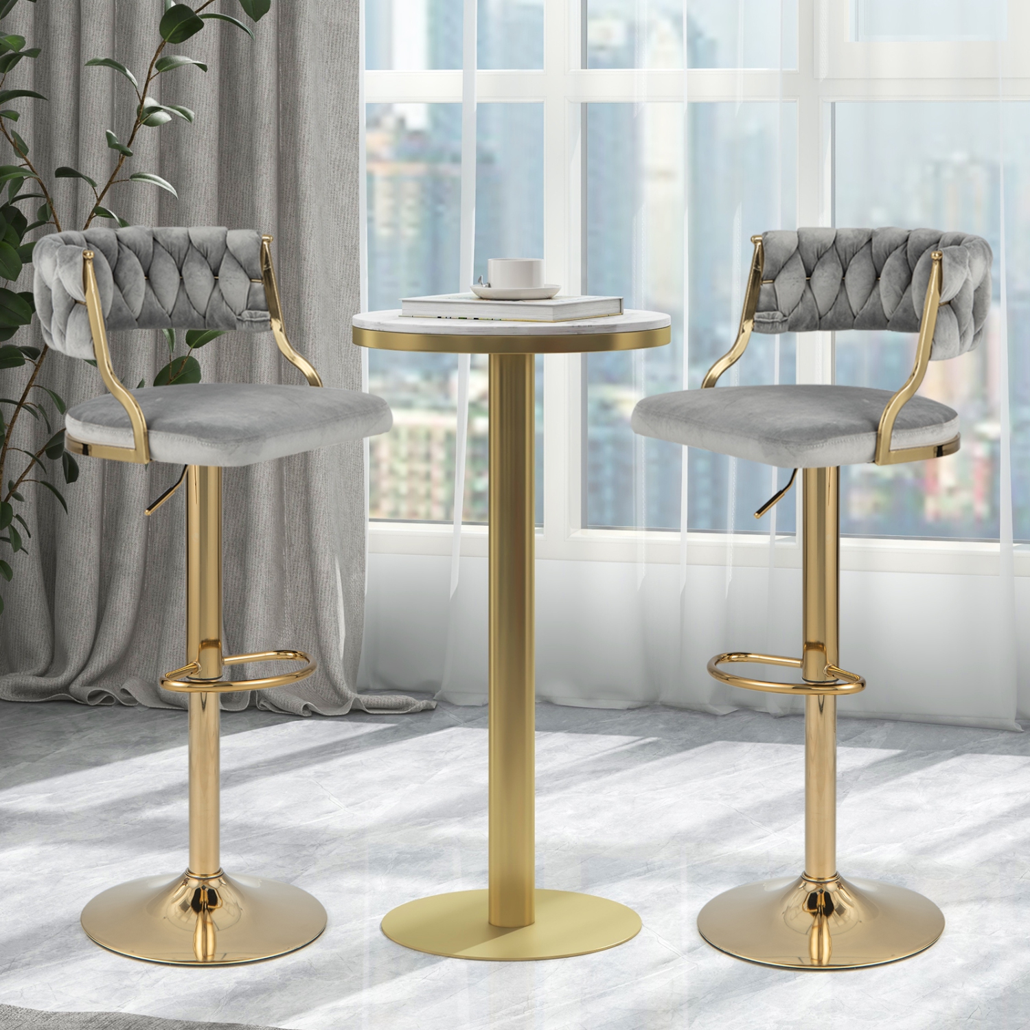 Costway Swivel Velvet Bar Stools Set of 2 Upholstered Adjustable with Woven Backrest
