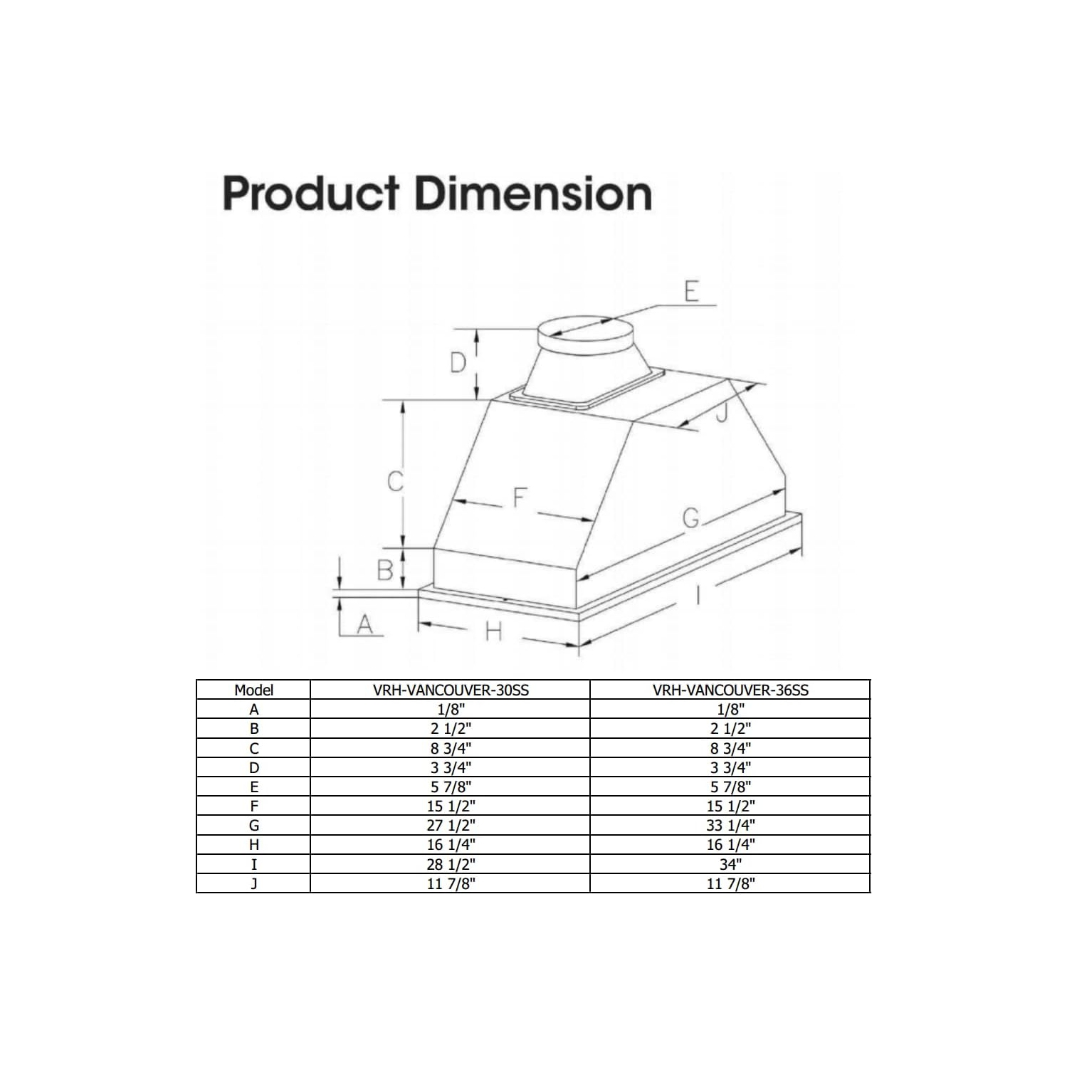 Vesta Vancouver 900CFM 30'' Wide Stainless Steel Insert Range Hood With A Flat Bottom, Single Powerful Motor, LED Lights, 4 Speeds Mechanical Buttons