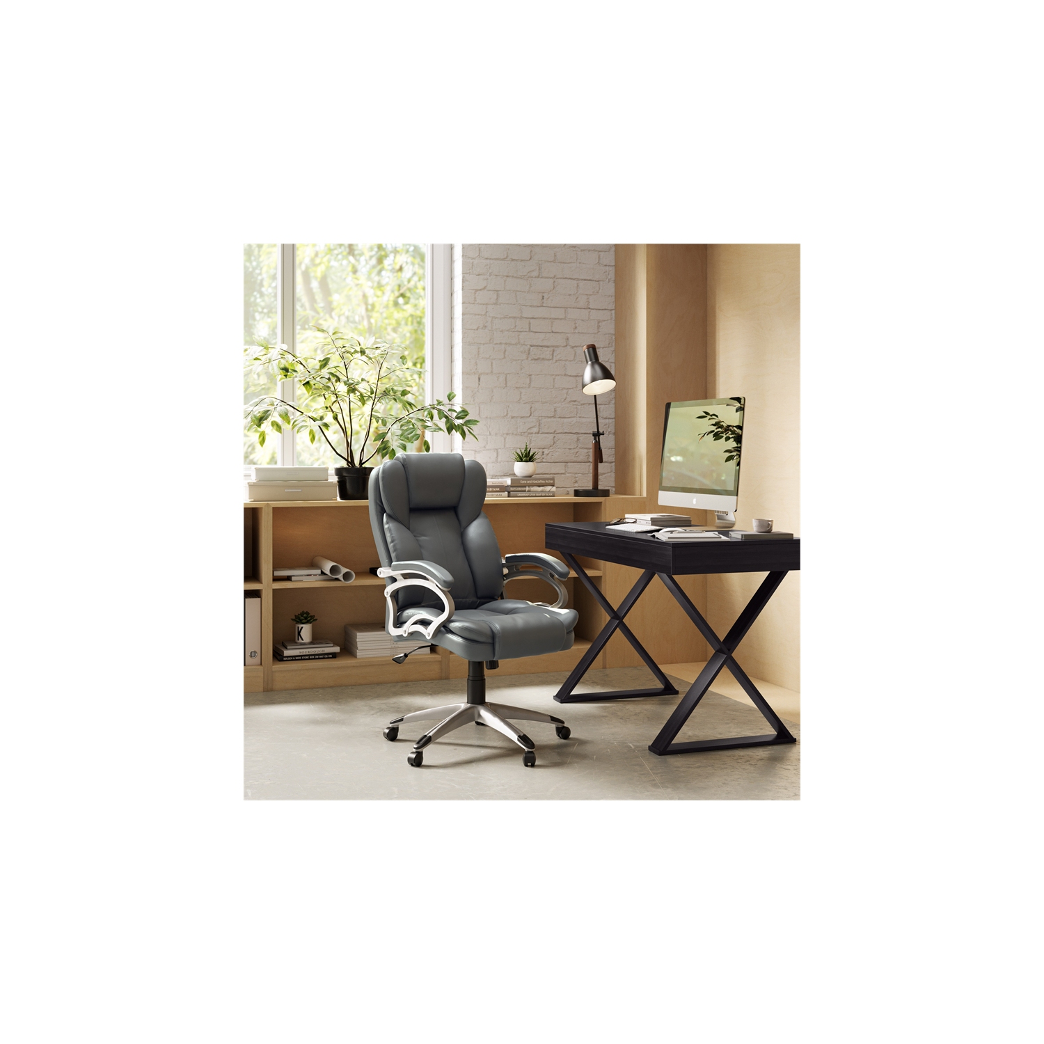 Fauteuil de bureau en similicuir à dossier haut Workspace de CorLiving - Gris acier