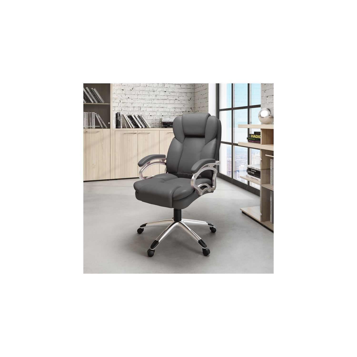 Fauteuil de bureau en similicuir à dossier haut Workspace de CorLiving - Gris acier
