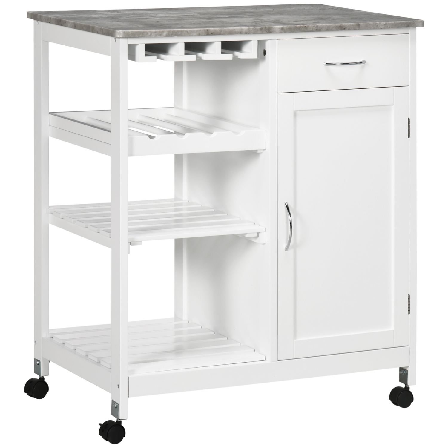 HOMCOM – Chariot de cuisine sur roulettes avec porte-bouteilles, tiroir, tablettes ouvertes, armoire et faux marbre, îlot de cuisine avec rangement,