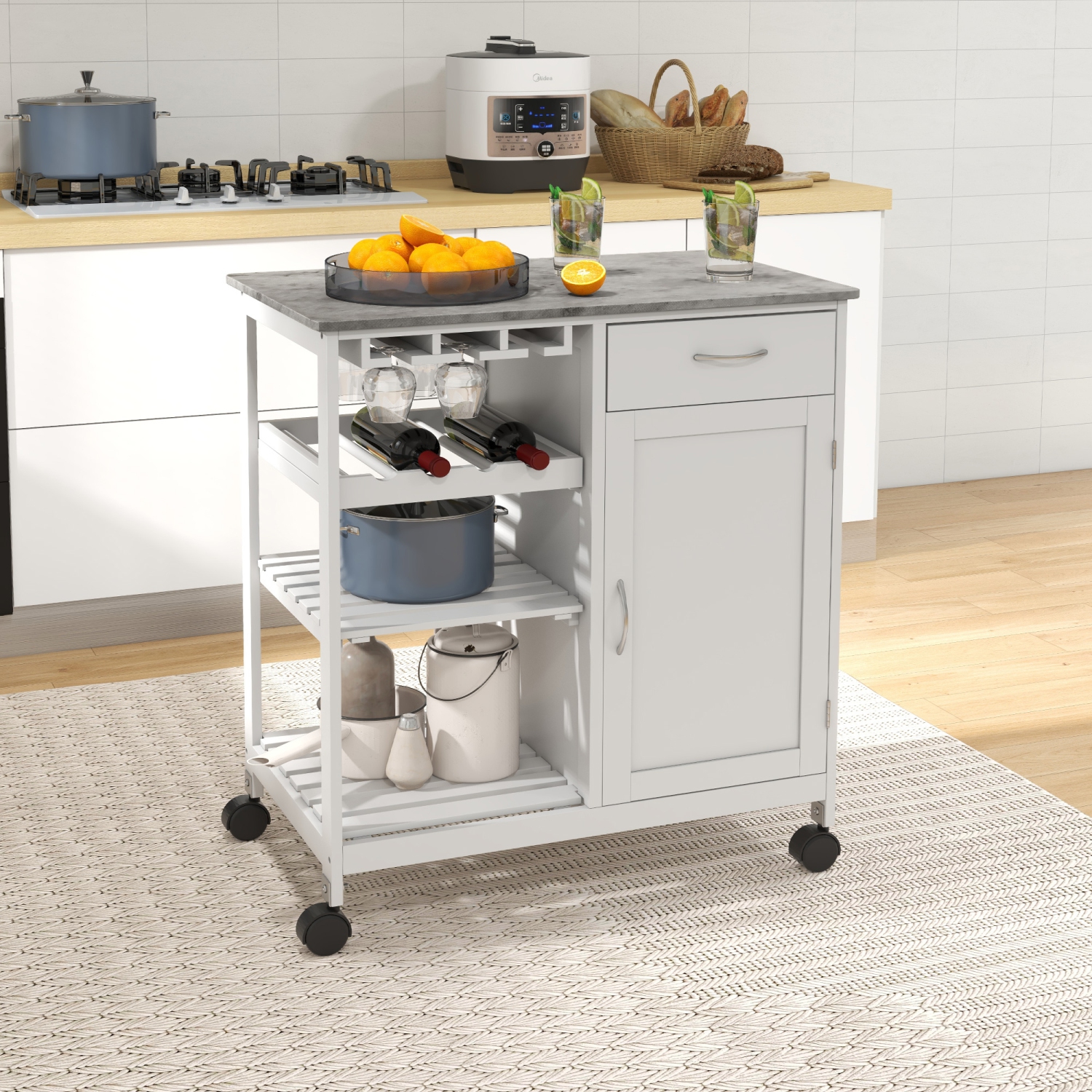 HOMCOM – Chariot de cuisine sur roulettes avec porte-bouteilles, tiroir, tablettes ouvertes, armoire et faux marbre, îlot de cuisine avec rangement,