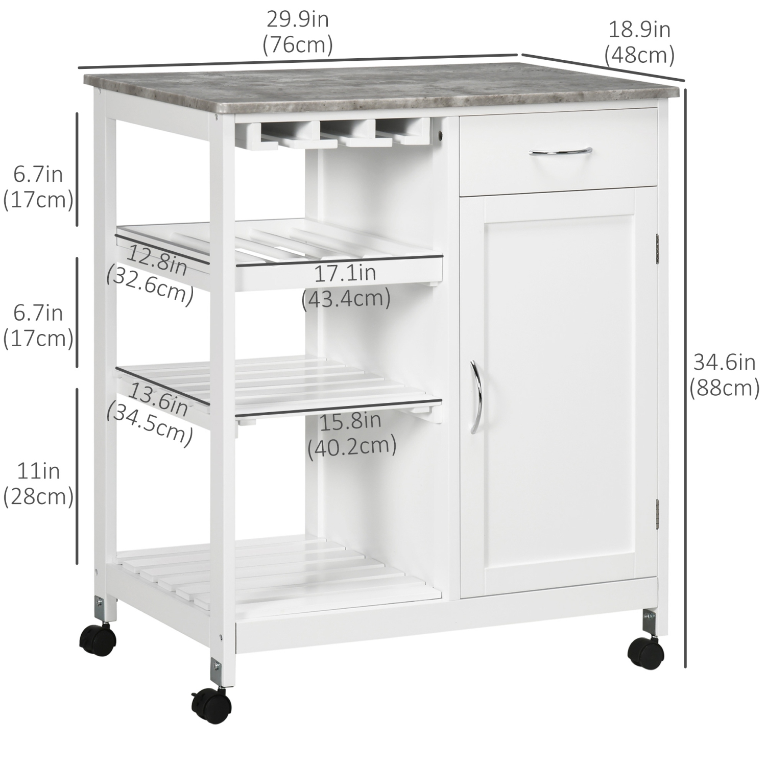 HOMCOM – Chariot de cuisine sur roulettes avec porte-bouteilles, tiroir, tablettes ouvertes, armoire et faux marbre, îlot de cuisine avec rangement,