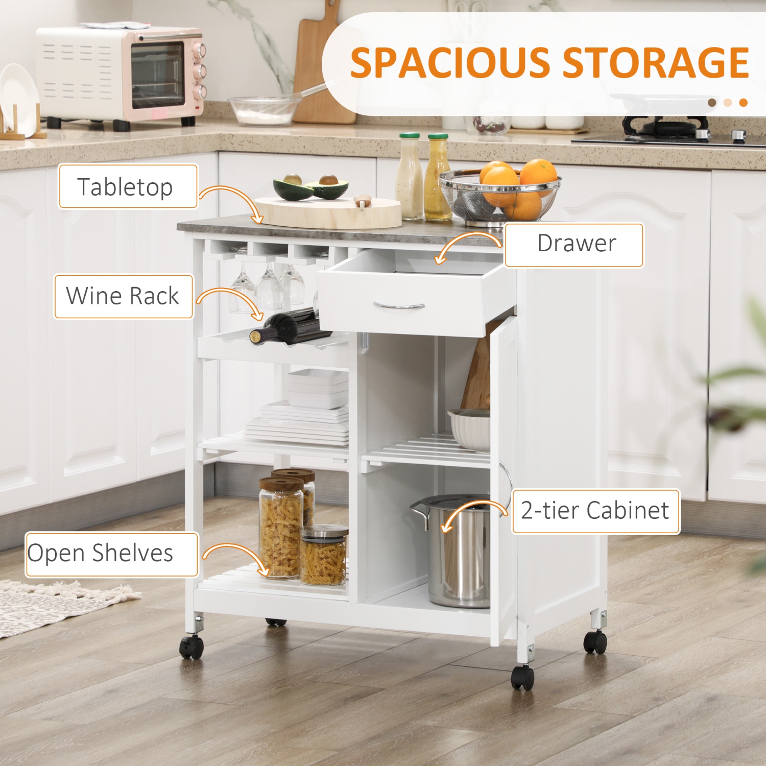 HOMCOM – Chariot de cuisine sur roulettes avec porte-bouteilles, tiroir, tablettes ouvertes, armoire et faux marbre, îlot de cuisine avec rangement,