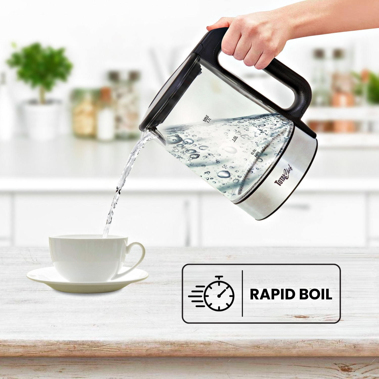 Total Chef Electric Glass Tea Kettle with LED Light, 1.8QT/1.7L, Cordless Pouring and Auto Shut-Off