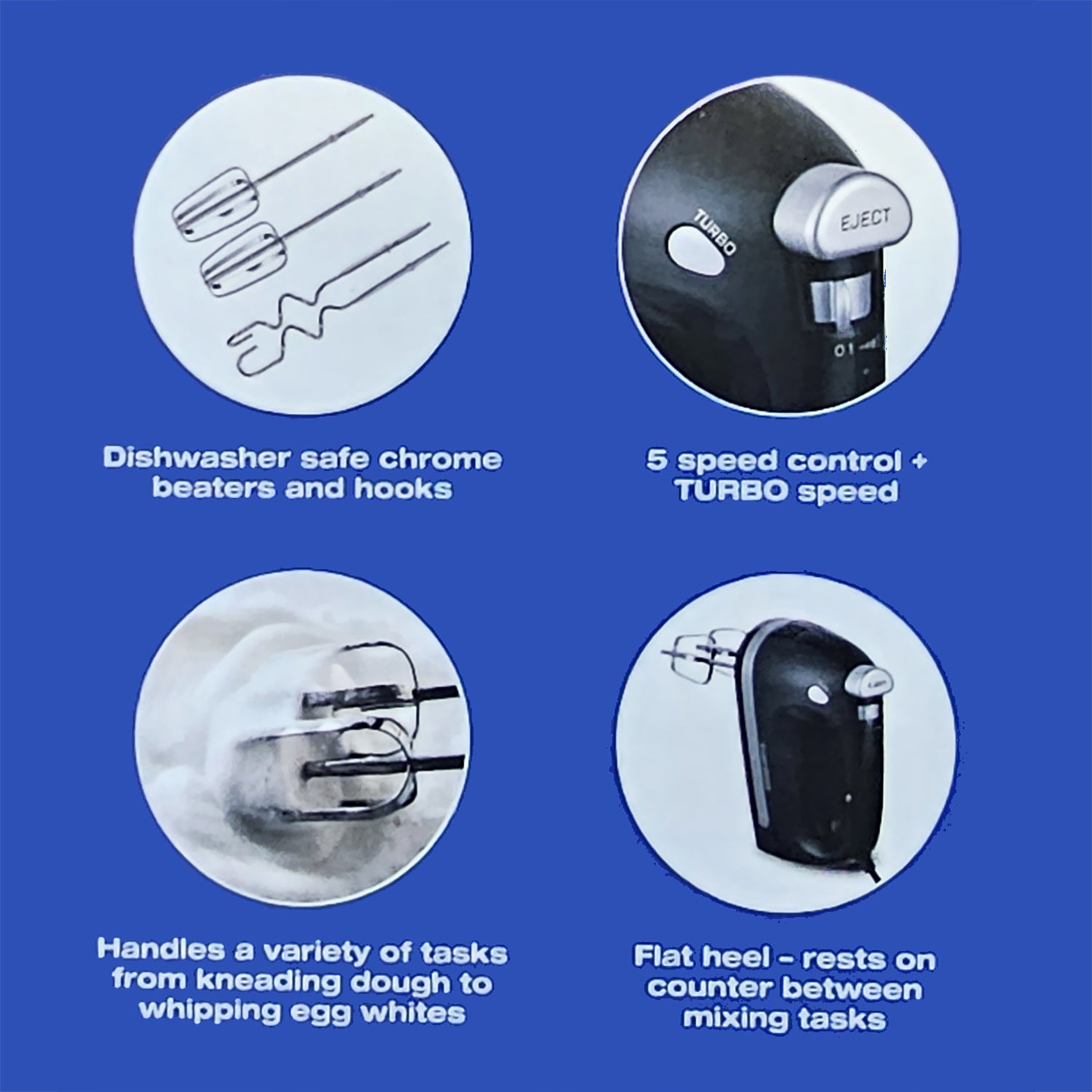 Toastess - 5 Speed Hand Mixer, Whisks and Dough Hook Included, 350 Watts, Black