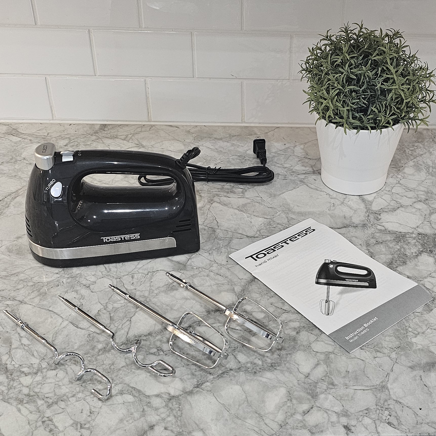 Toastess - 5 Speed Hand Mixer, Whisks and Dough Hook Included, 350 Watts, Black